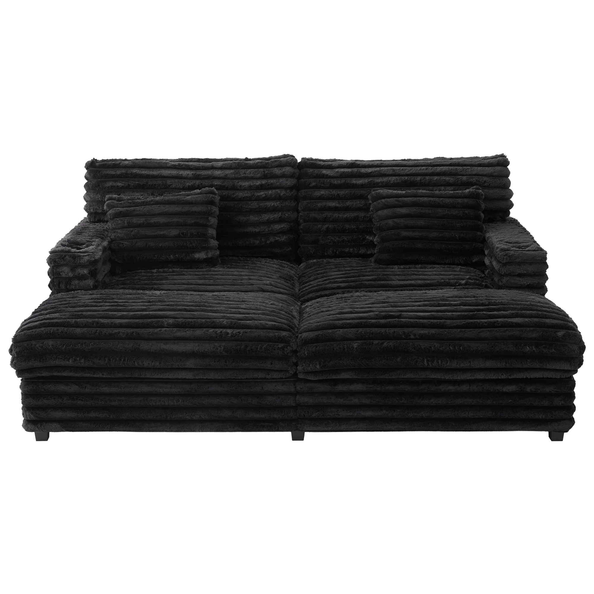 Oversized Double Chaise Lounge, Faux Fur Upholstered Deep Seat Sofa with 2 Pillows, 2 Cupholders, and Dual USB Ports