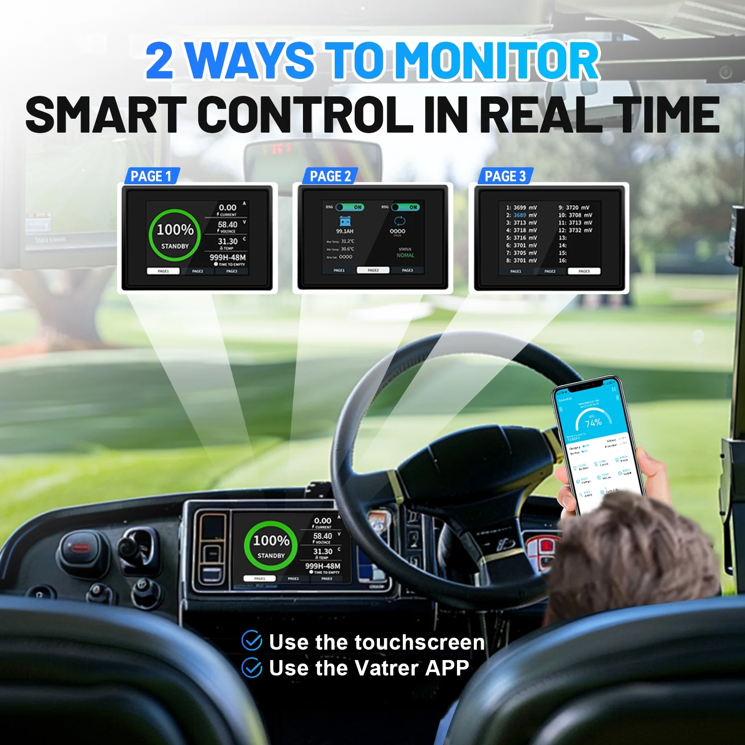 48V 105Ah Golf Carts Lithium Lifepo4 Battery Bluetooth,Built in 200A BMS with a Smart Monitor Mobile APP & 58.4V 20A Charger,5376WH,15000+ Deep Cycles