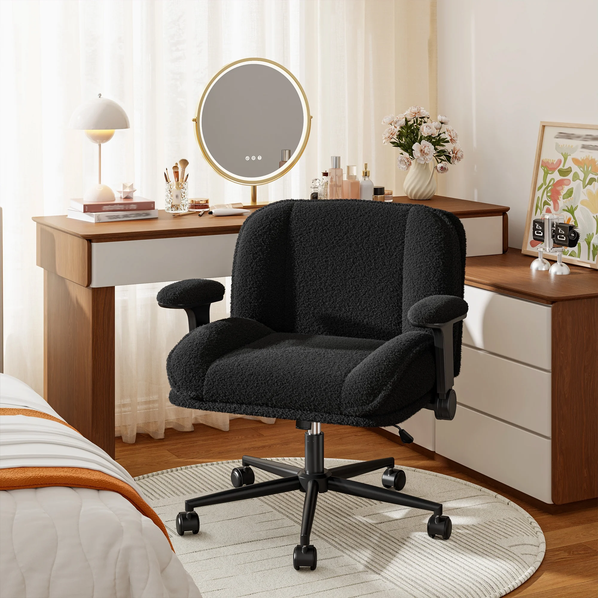 Romorgniz Criss Cross Chair with Adjustable Arms & Lumbar Support Office Chair with Reclining Back, Thick Cushion & Wheels for Office, Gaming, Reading, Vanity, Off-White