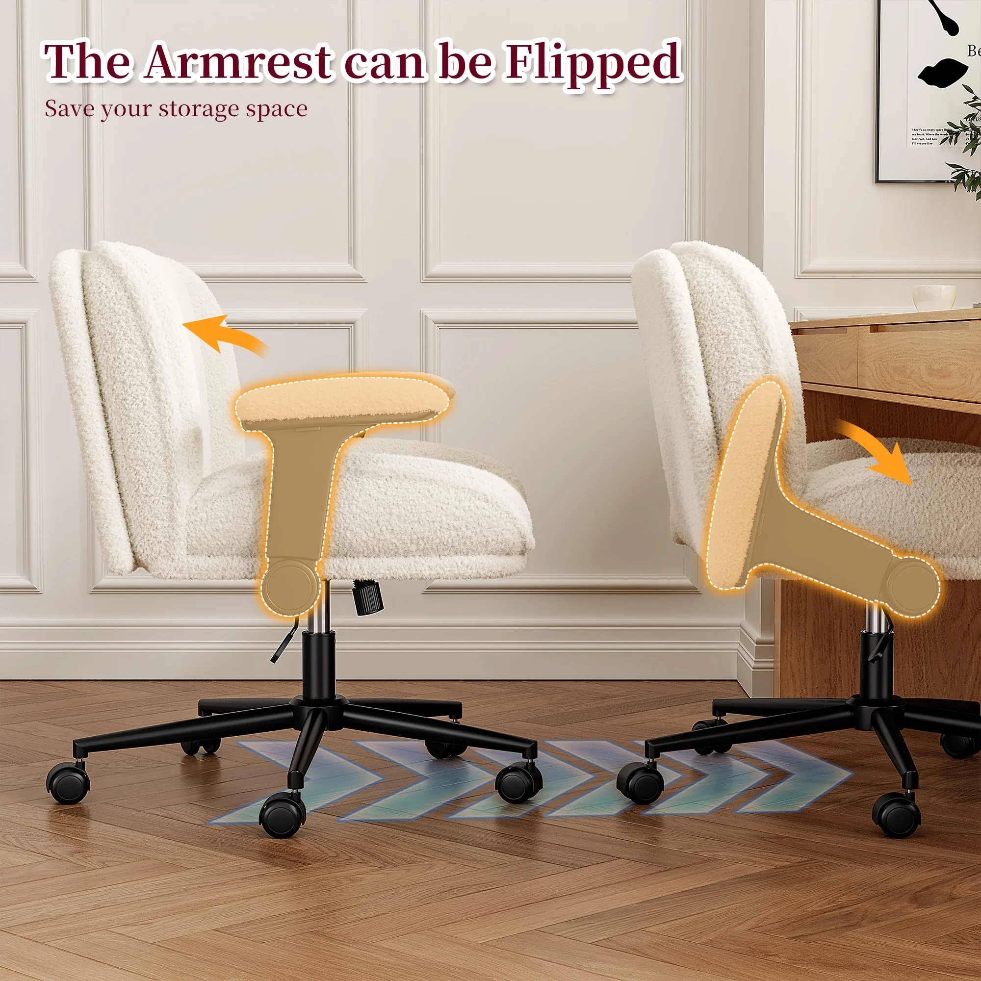 Romorgniz Criss Cross Chair with Adjustable Arms & Lumbar Support Office Chair with Reclining Back, Thick Cushion & Wheels for Office, Gaming, Reading, Vanity, Off-White