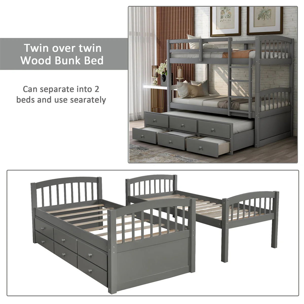Twin-Over-Twin Bunk Bed with 3 Storage Drawers, Twin Bunk Bed Frame with Ladder & Safety Rail, Pinewood Trundle Bunk Bed for Teen Bedroom, Guest Room Furniture, Can be Convertible to 2 Beds, Gray