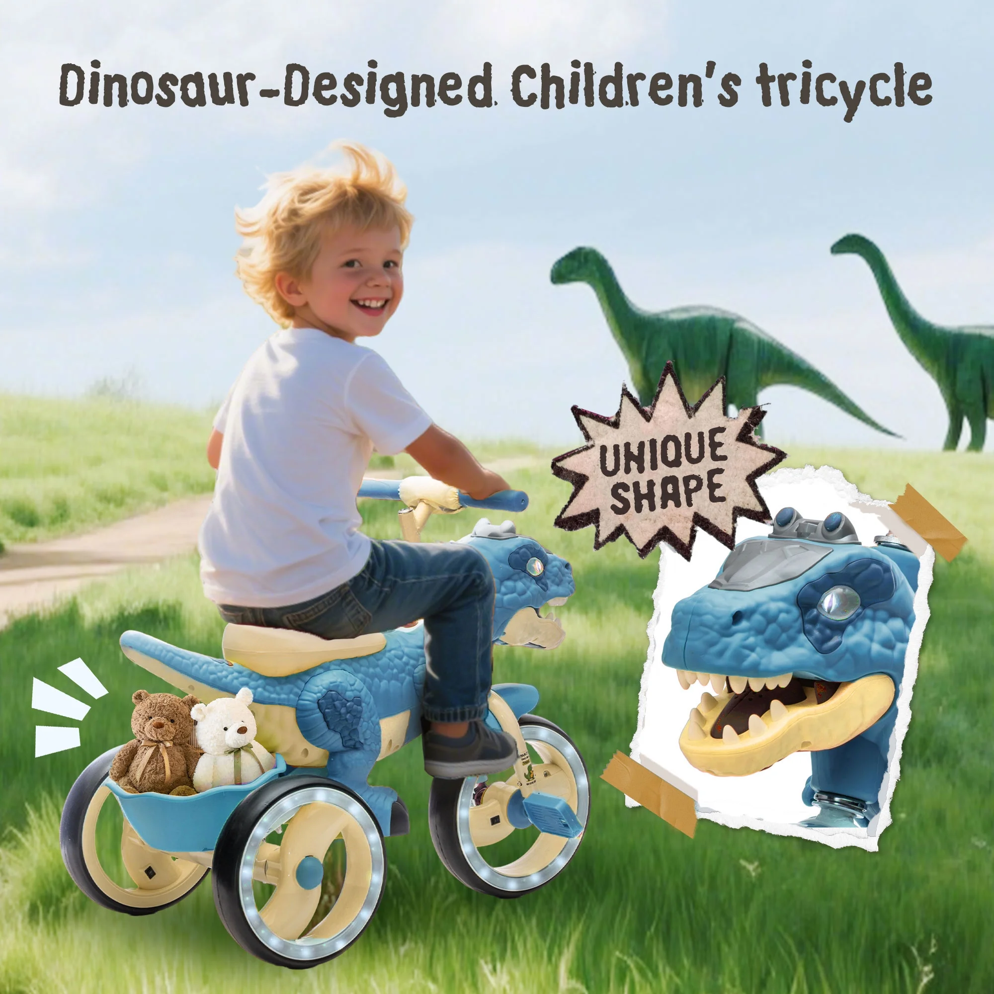 Xuanlur Kids Ride on Dinosaur Tricycle, Toddlers Kid Trike with Wide Flash Wheels, Anti-Slip Pedals, Rear Basket, Music & LED Lights, Toddler Bike Toys Gift for 3-6 Year Old Boys & Girls (Green)