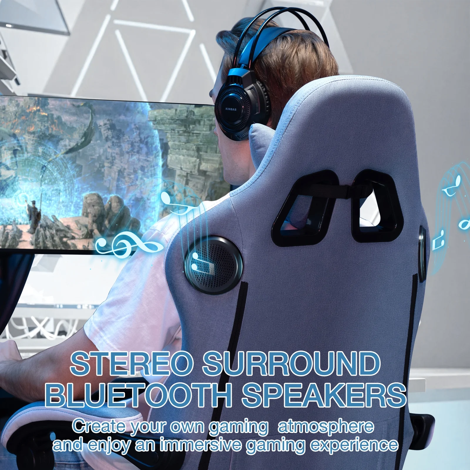 Hoffree Gaming Chair with Speakers Fabric Gamer Chair with footrest and massage Big and Tall Video Game Chair with Headrest and Lumbar Support for Adults