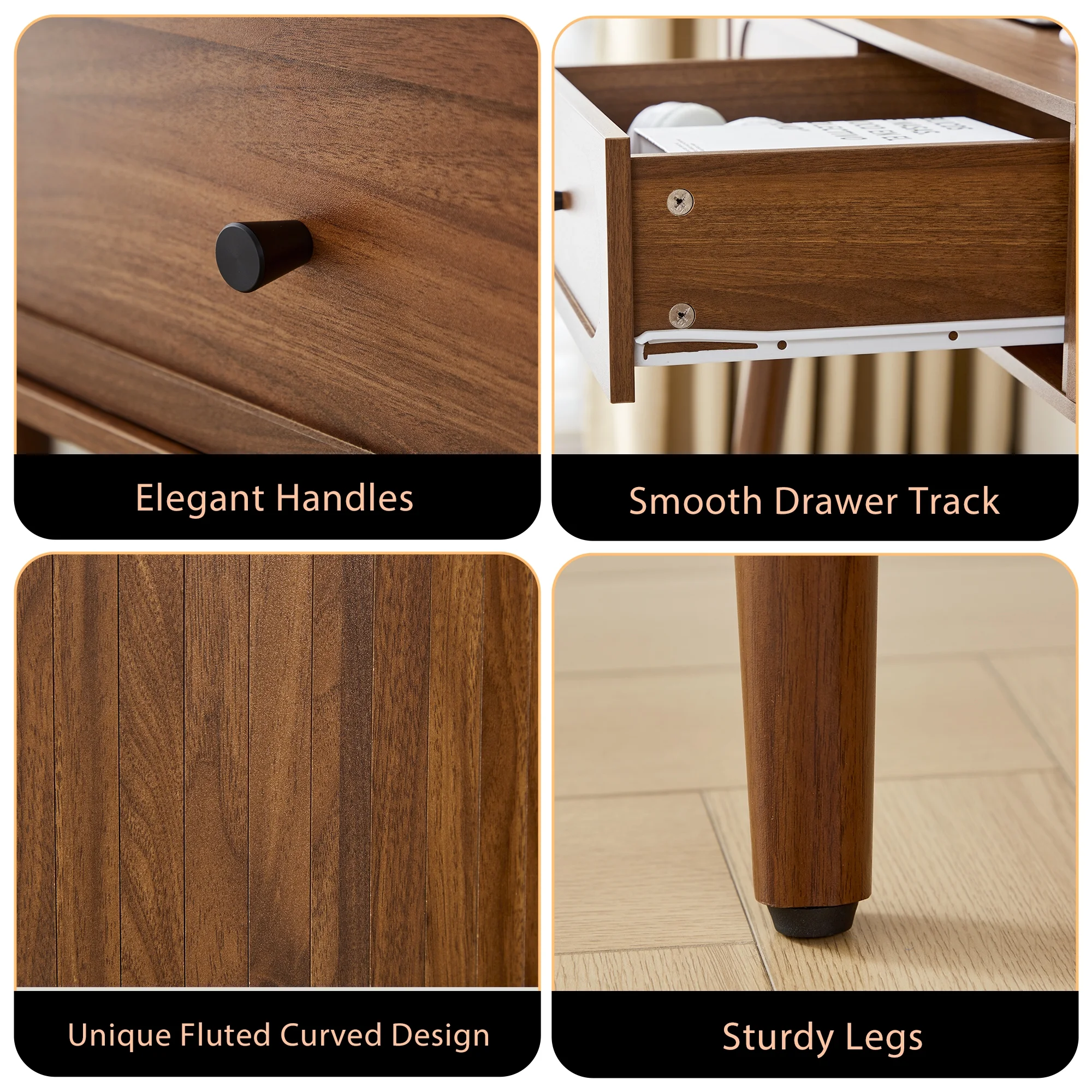 YOCWO Modern Home Office Desk with  2 Drawers and 2 Fflip-top Storage, Oval Computer PC Desk Table, Vanity Desk with Fluted Curved Table Edge, Walnut