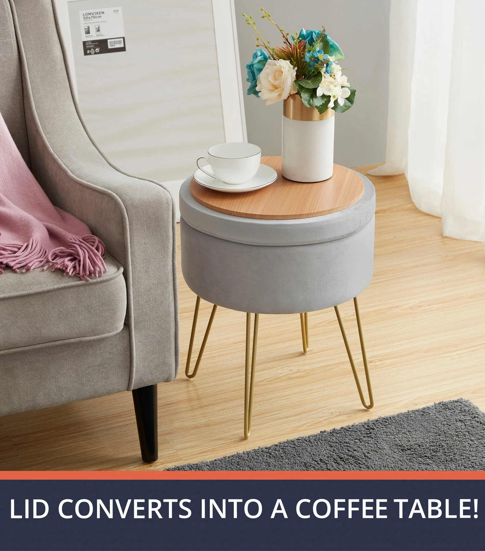 Ornavo Home Round Velvet Storage Ottoman & Tray Top Coffee Table