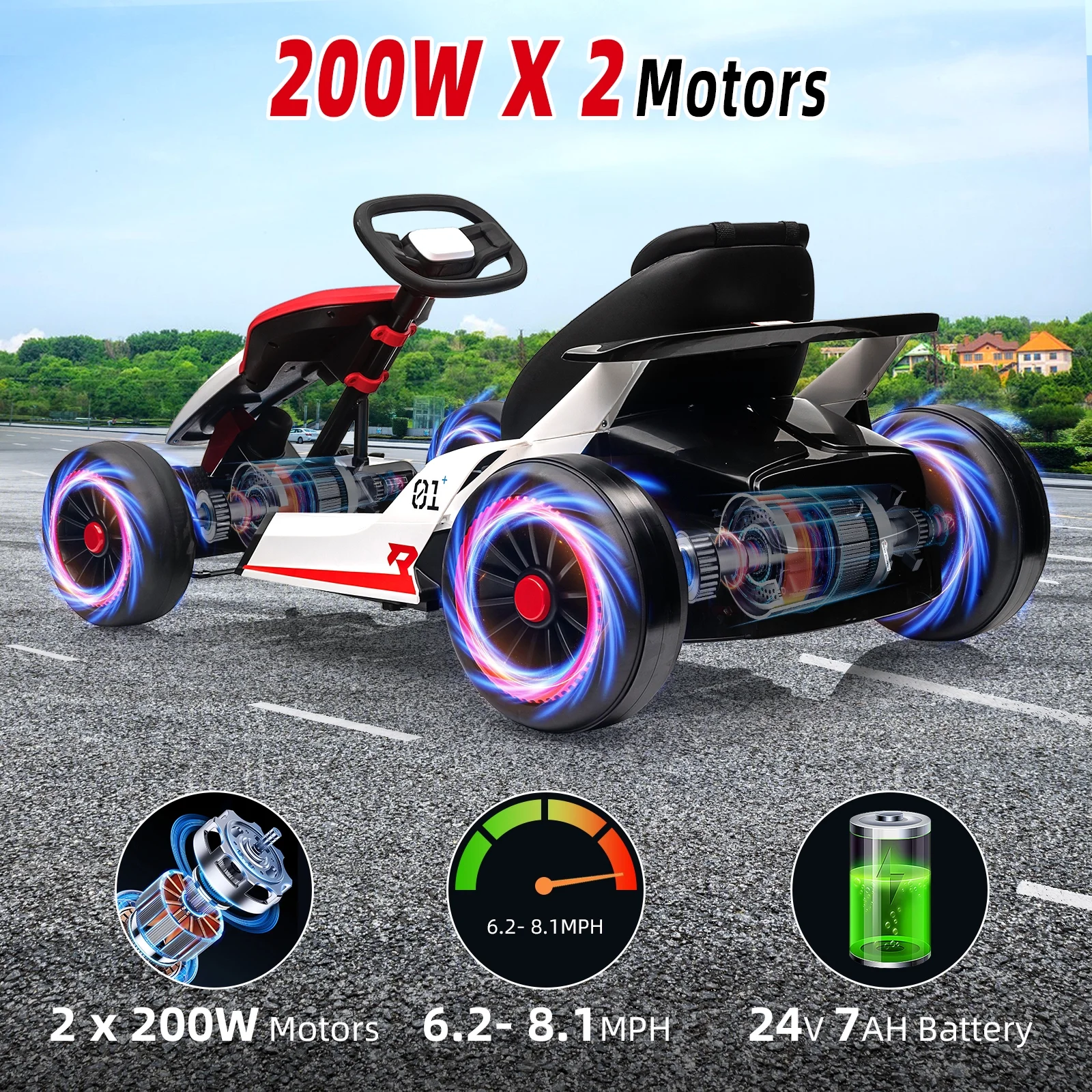24V  Drift Kart with 2X150W Strong Motor, 7AH Big Battery, Electric Pedals, Electric Go Kart Outdoor Race Toy