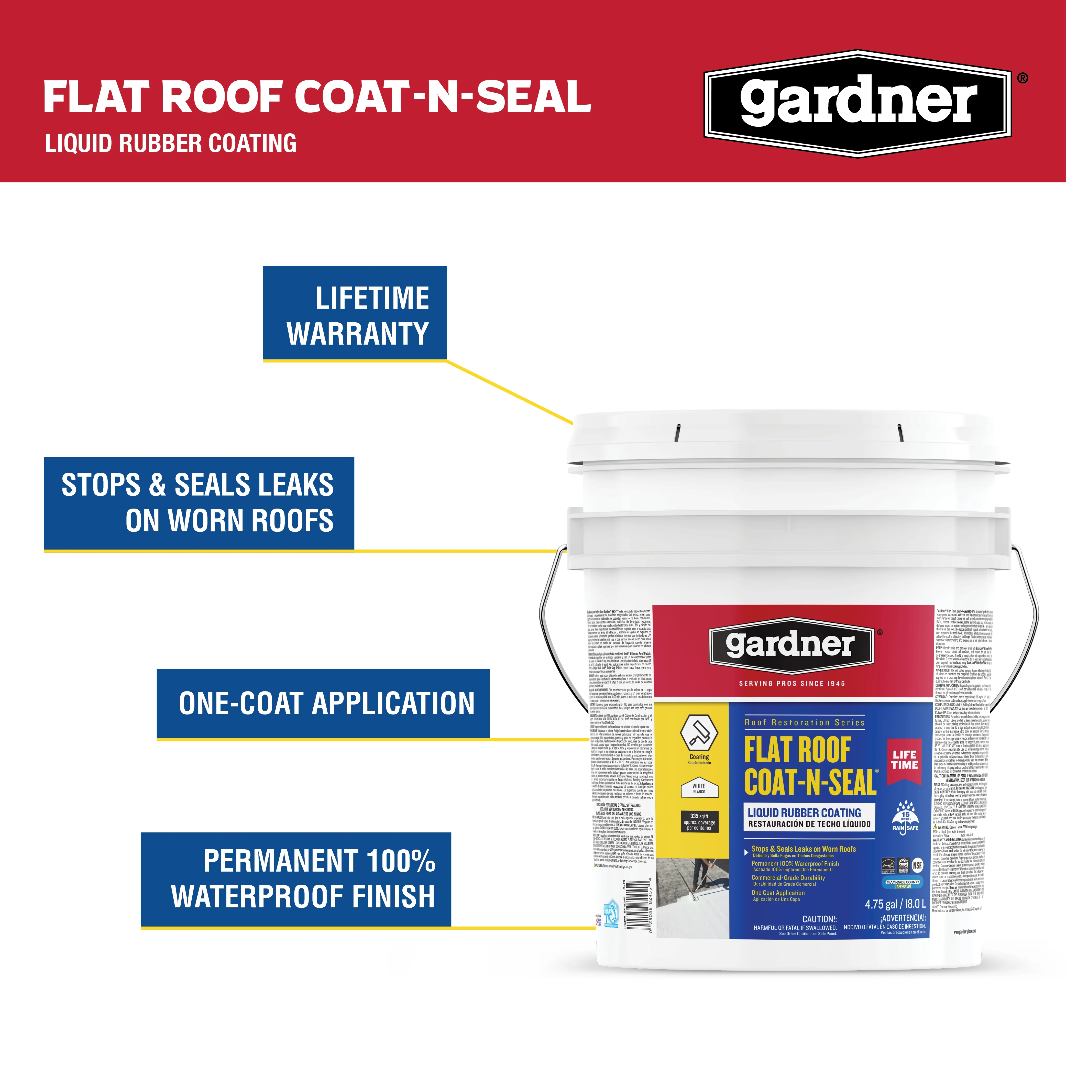GARDNER Flat Roof Coat-N-Seal Liquid Rubber Coating, White, 5 Gallon