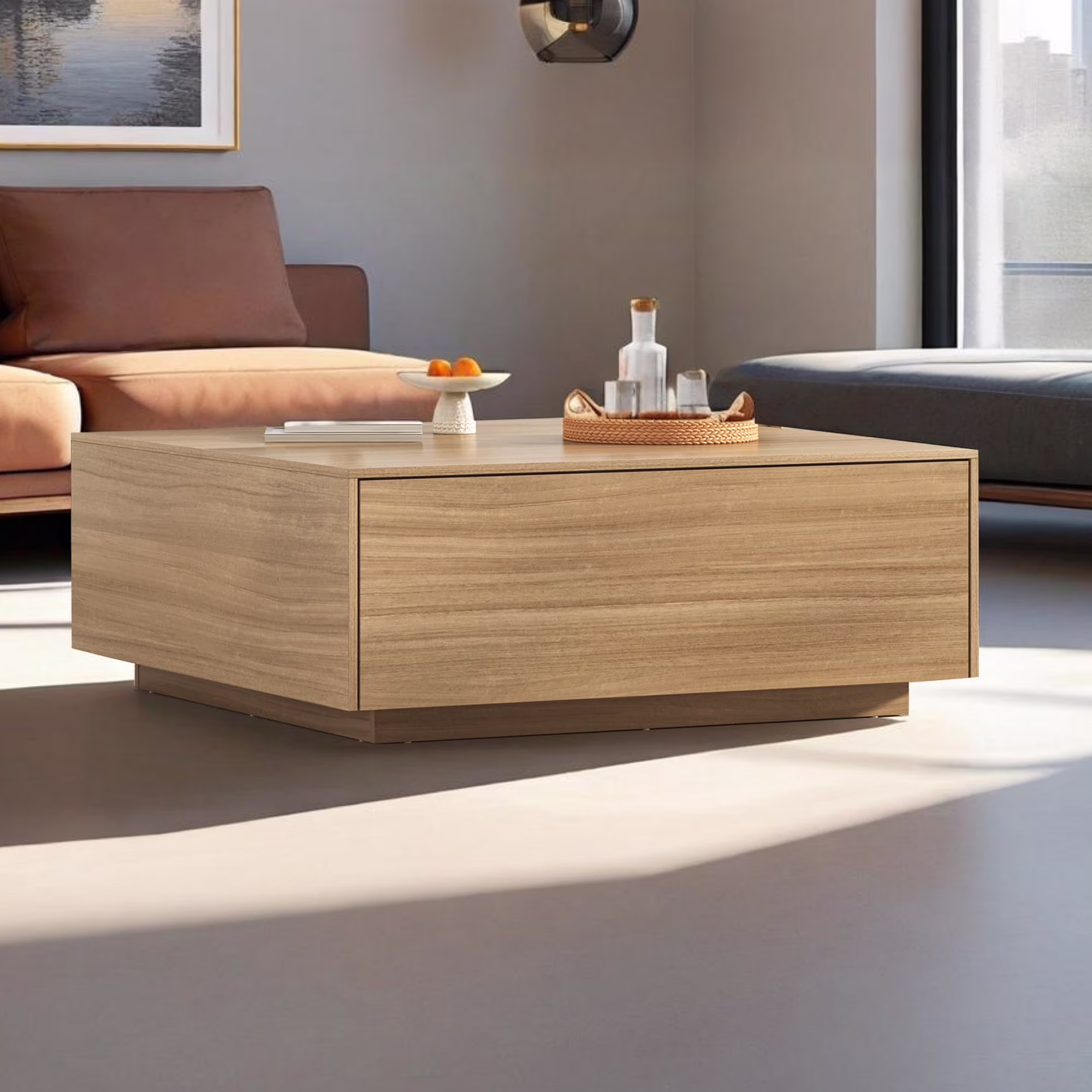 Blotout Square Coffee Table with 2 Large Drawers, 43