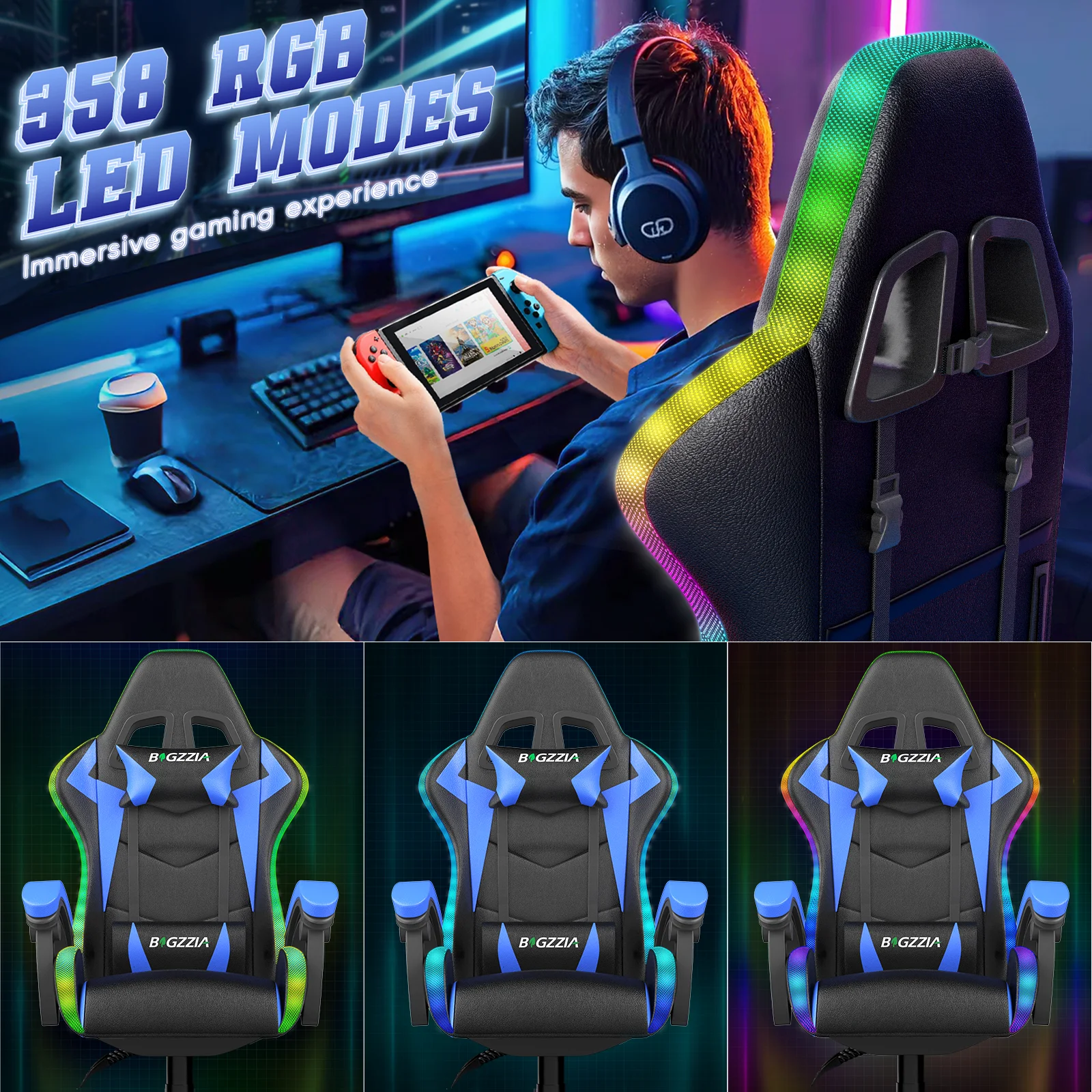 Bigzzia Gaming Chair with LED Lights Ergonomic Office Chair for Adults and Kids - Adjustable Height, 360�� Swivel, Headrest Support, Mesh PU Leather, Black & Green