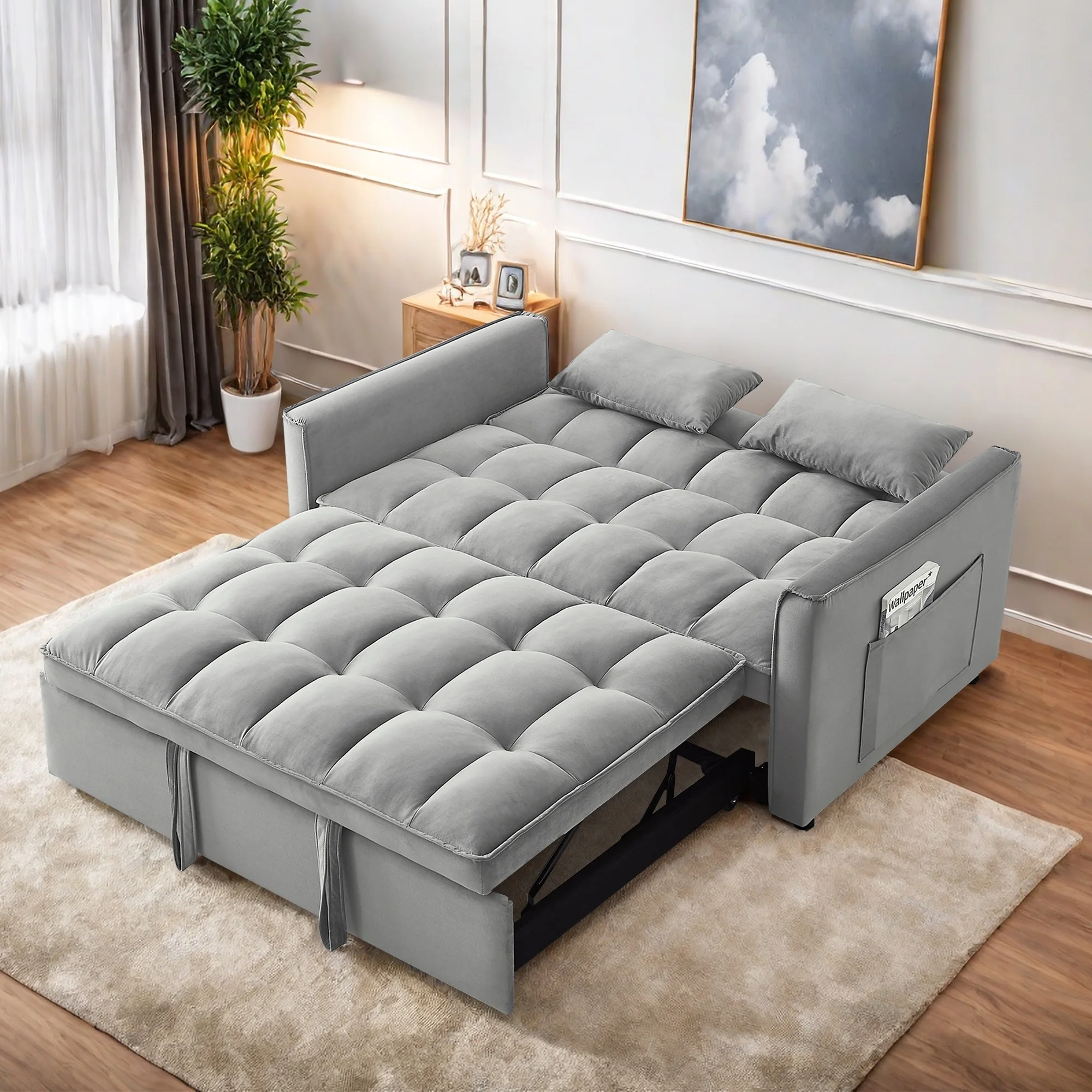 Convertible Sofa Bed,3-in-1 Sleeper Sofa with Pull Out Bed,Sleeper Futon Couch Loveseat with Adjsutable Backrest and Pillows for Living Room,Gray