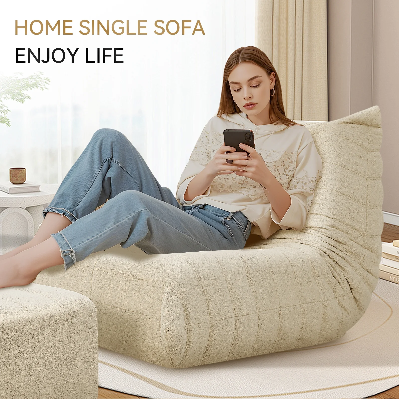 VFD Bean Bag Chairs for Adults, Beanbag Chair with Ottoman Lounge Sofa Memory Foam Comfy Reading Chair for Bedroom & Living Room, Lazy Floor Sofa Couch