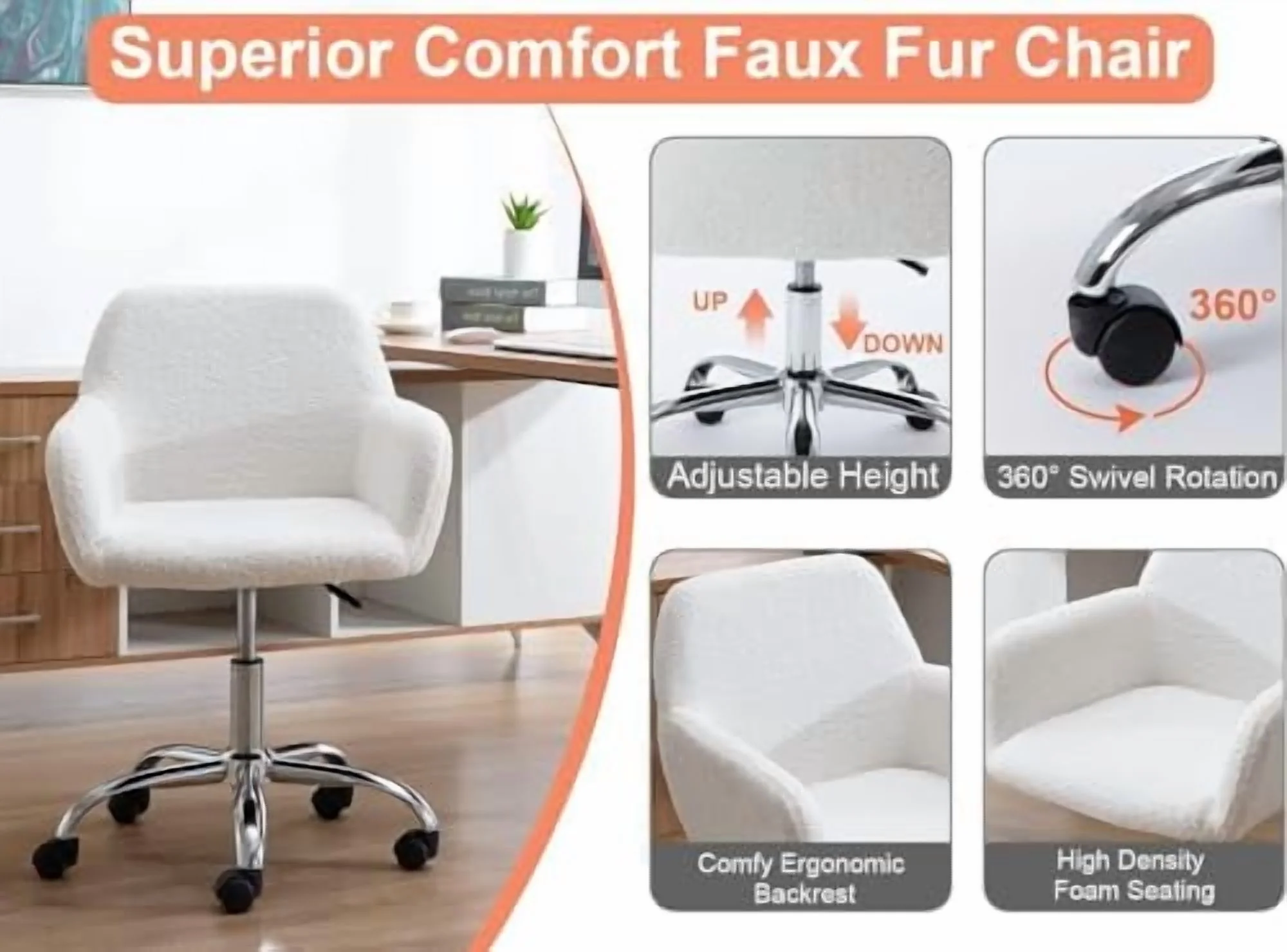 Modern Faux Fur Home Office Chair Height Adjustable, White Desk Chair Vanity Chair for Makeup Room, Rolling Desk Chairs with Wheels, Swivel Furry Cute Desk Chair for Teen Girls Women