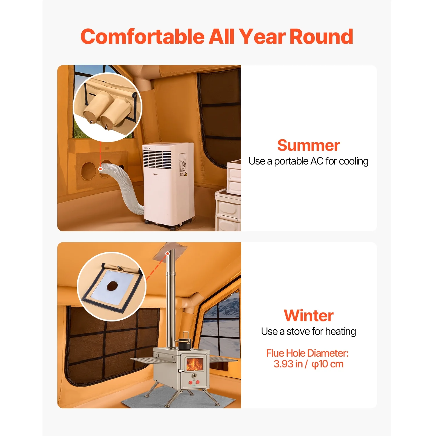 KFFKFF Inflatable Tent for Camping, 15.75 x 11.81 x 7.22 Ft Glamping Blow up Tent for 8-12 People, Air-Filled Camping Shelters, Outdoor Living Tent with Dual Sunroofs, Stove Jack