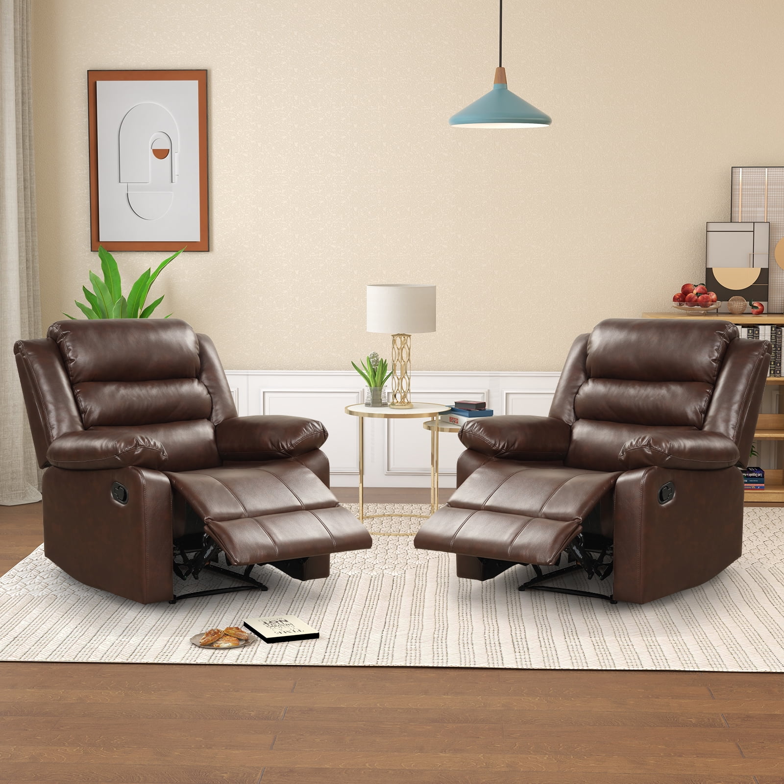 Bonzy Home Recliner Chairs for Living Room Overstuffed Breathable Fabric Reclining Chair Manual Sofa Brown