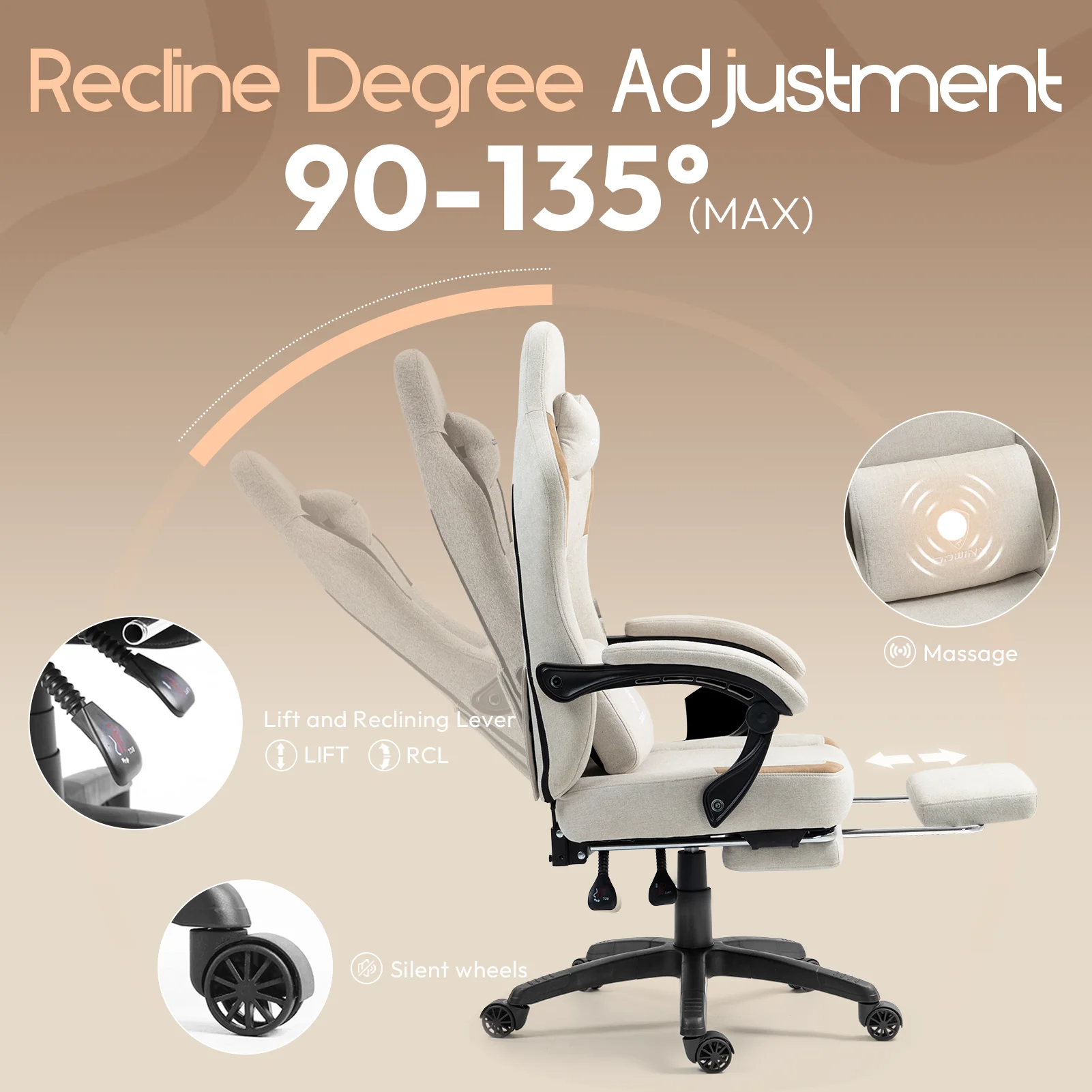 GOOSEA Fabric Gaming Chair with Pocket Spring Cushion, Breathable Computer Chair with Massage Lumbar Support and Footrest, High Back Office Chair for Adults, 300lbs, Grey