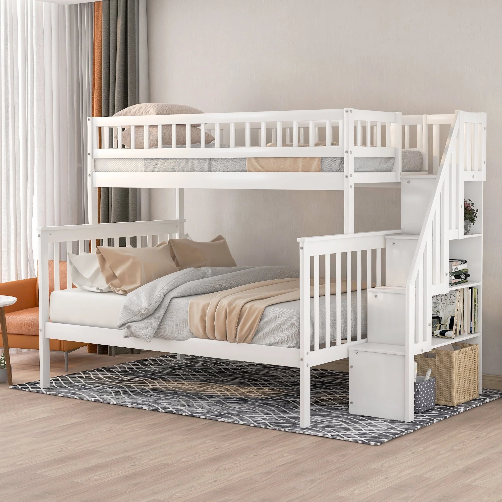 Twin over Full Bunk Bed with Stairs and Storage for Kids, White