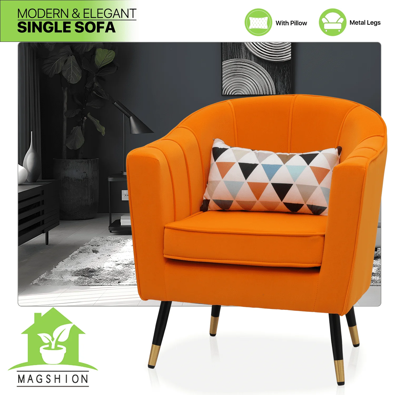 Magshion Accent Chair Upholstered Living Room Chair Comfy Reading Chair Modern Single Sofa with Cushion Lounge Arm Chair for Living Room Bedroom, Orange