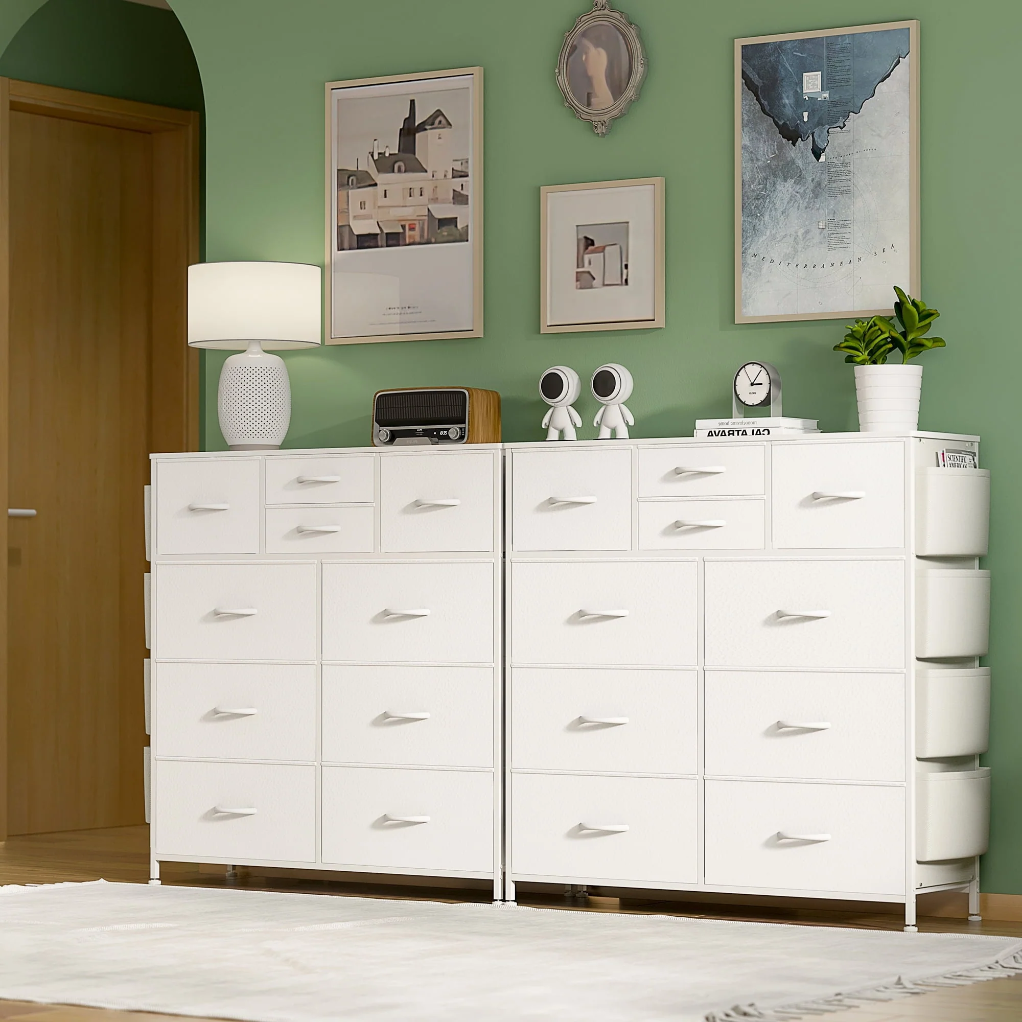 GIKPAL 10 Drawer Dresser, White Dresser Chest of Drawers Dressers for Bedroom Modern PU&Fabric Dresser Tall Dresser with Side Pockets and Hooks, White