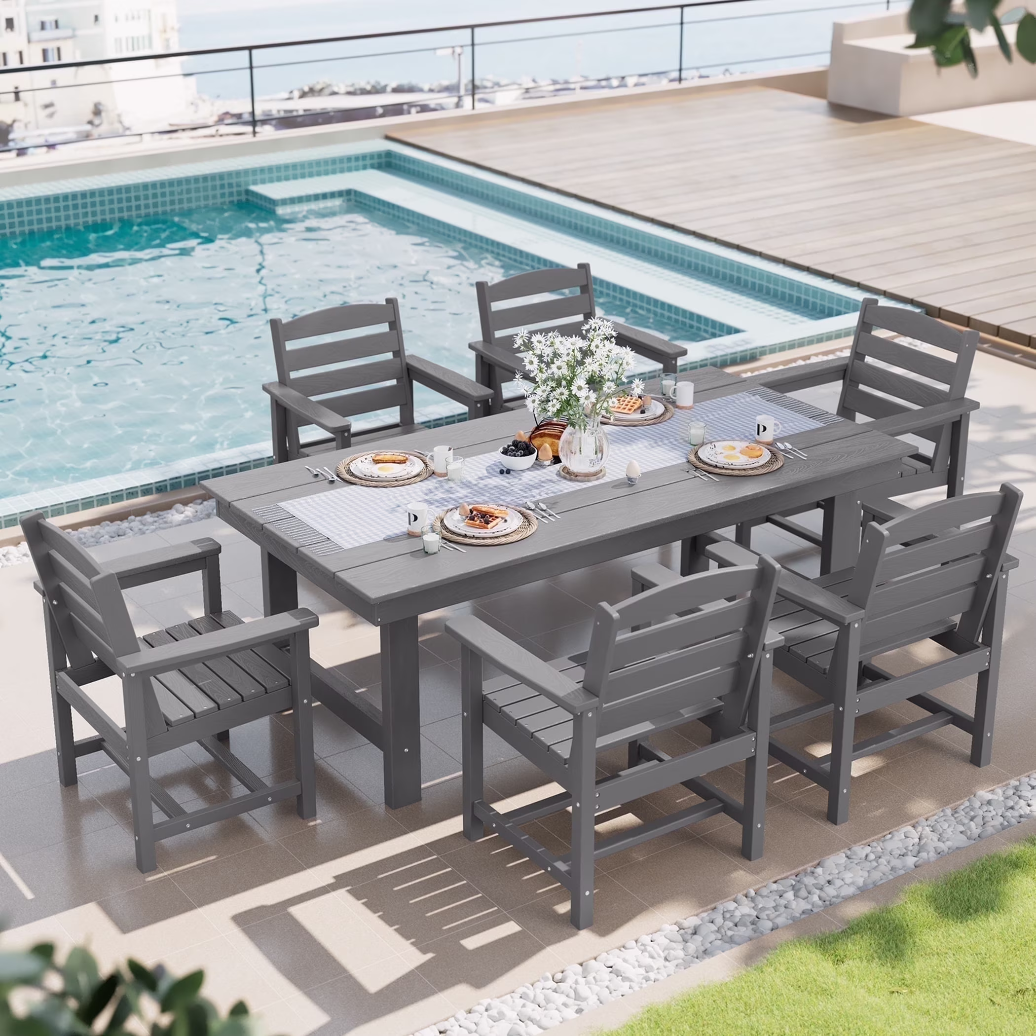 SERWALL Outdoor HDPE Dining Table Set, 7-Piece Outdoor Dining Table Sets with Umbrella Hole, Grey