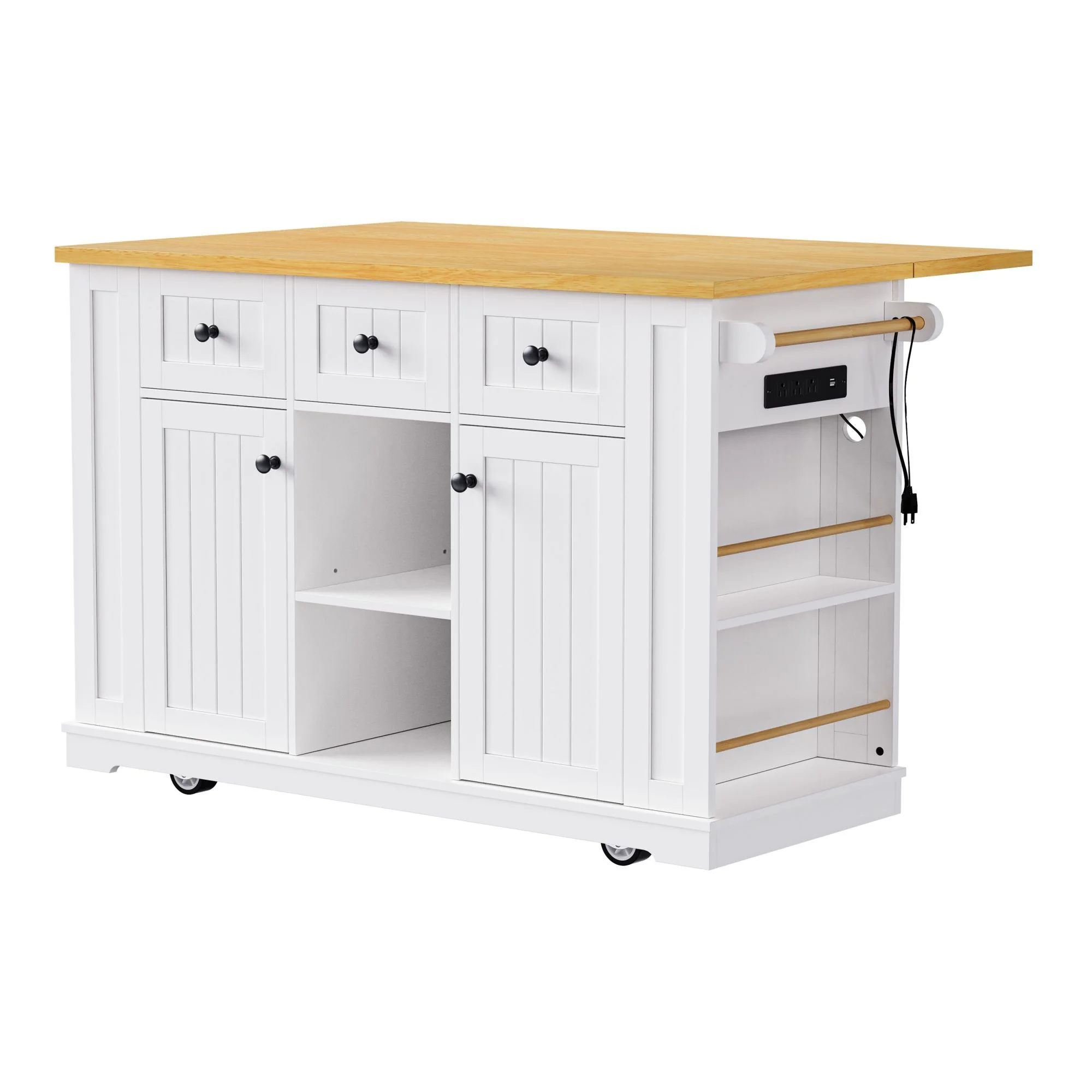 DEALTOPS 53 inch Large Kitchen Island with Drop Leaf, Power Outlet,Rolling Kitchen Storage Cart for Kitchen, Dining Room-White