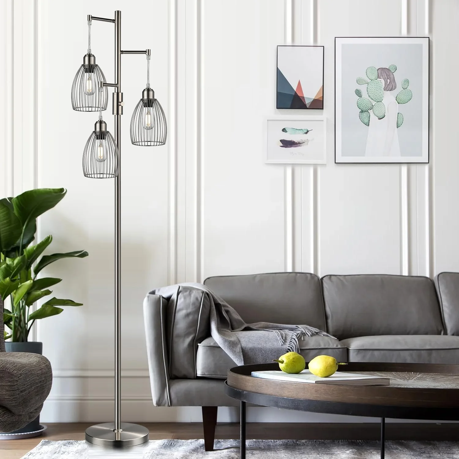 Dimmable Floor Lamp, 3 x 800LM LED Edison Bulbs Included, Farmhouse Industrial Floor Lamp Standing Tree Lamp with Elegant Teardrop Cage Tall Lamps for Living Room Bedroom Office Dining Room