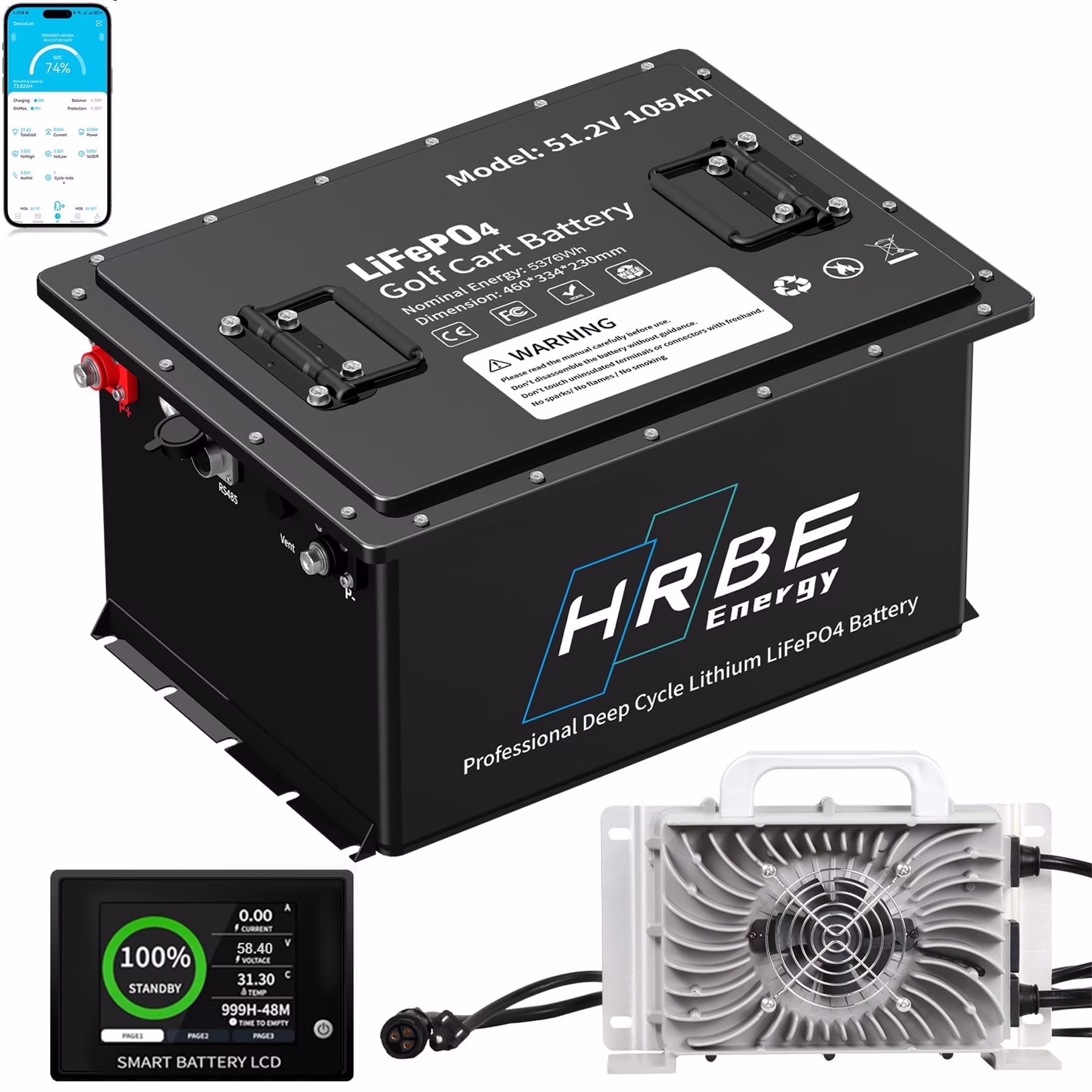 48V 105Ah Golf Carts Lithium Lifepo4 Battery Bluetooth,Built in 200A BMS with a Smart Monitor Mobile APP & 58.4V 20A Charger,5376WH,15000+ Deep Cycles