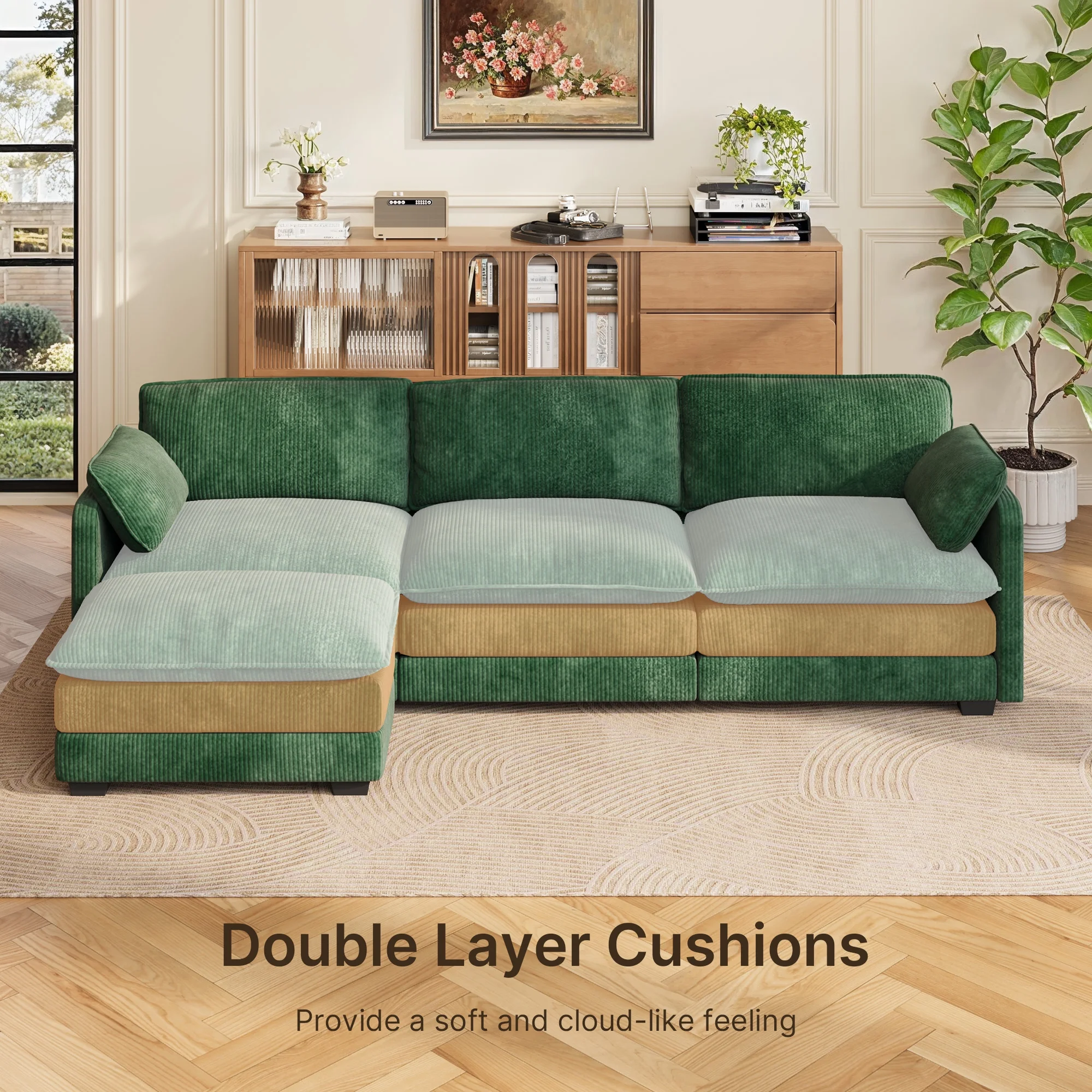 Lofka 110�� Modular Sectional Sofa Bed with Double Layer Cushions and Movable Ottoman, Modern Comfy Cloud Couch for Living Room, DIY Combination, Green