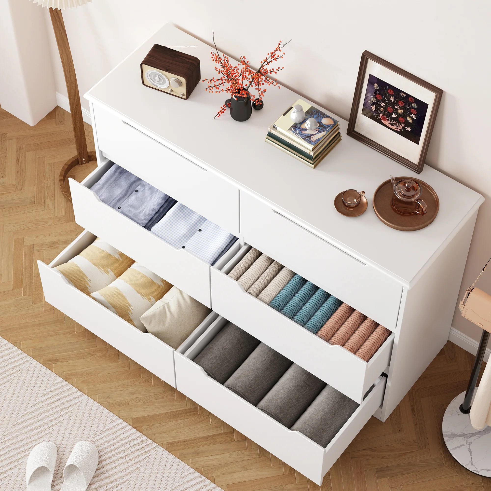 Aiho 6-Drawer Double Dresser - Modern Wood Chest with Anti-Tip Safety, Cutout Handles & Smooth Gliding Drawers | Nursery, Kids & Bedroom Storage - White