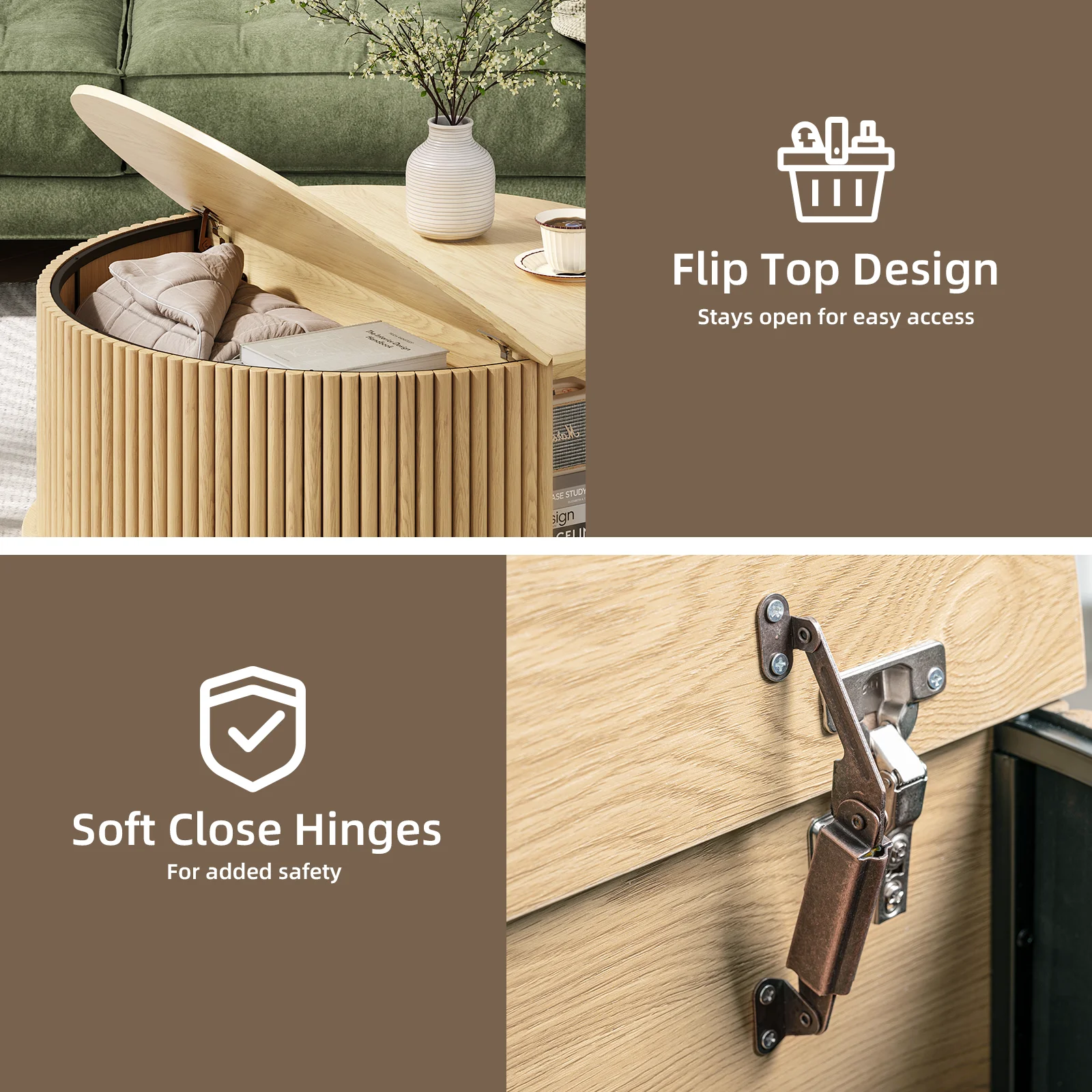 JOINICE Round Coffee Table with Storage and Sliding Door,Mid Century Modern Wooden Center Table,for Living Room,Walnut