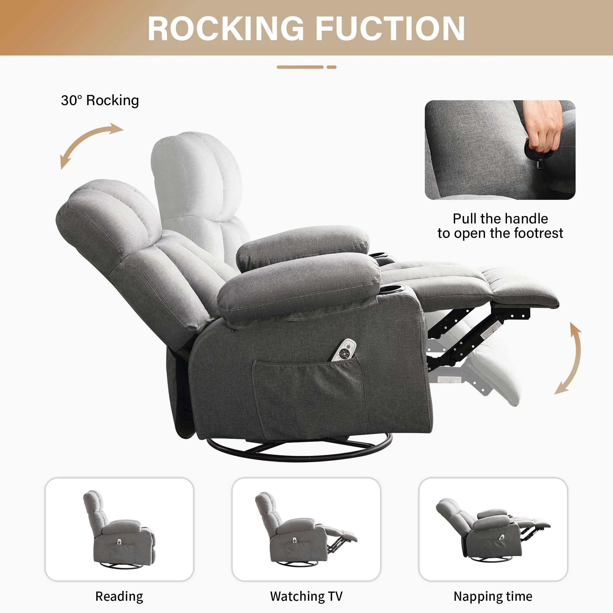 JONPONY Manual Recliner Chair with Heat Therapy and Massage Function, Heavy Duty Reclining Mechanism Massage Chair, Elderly Single Rocker Sofa with Cup Holders for Bedroom Home Theater,Grey
