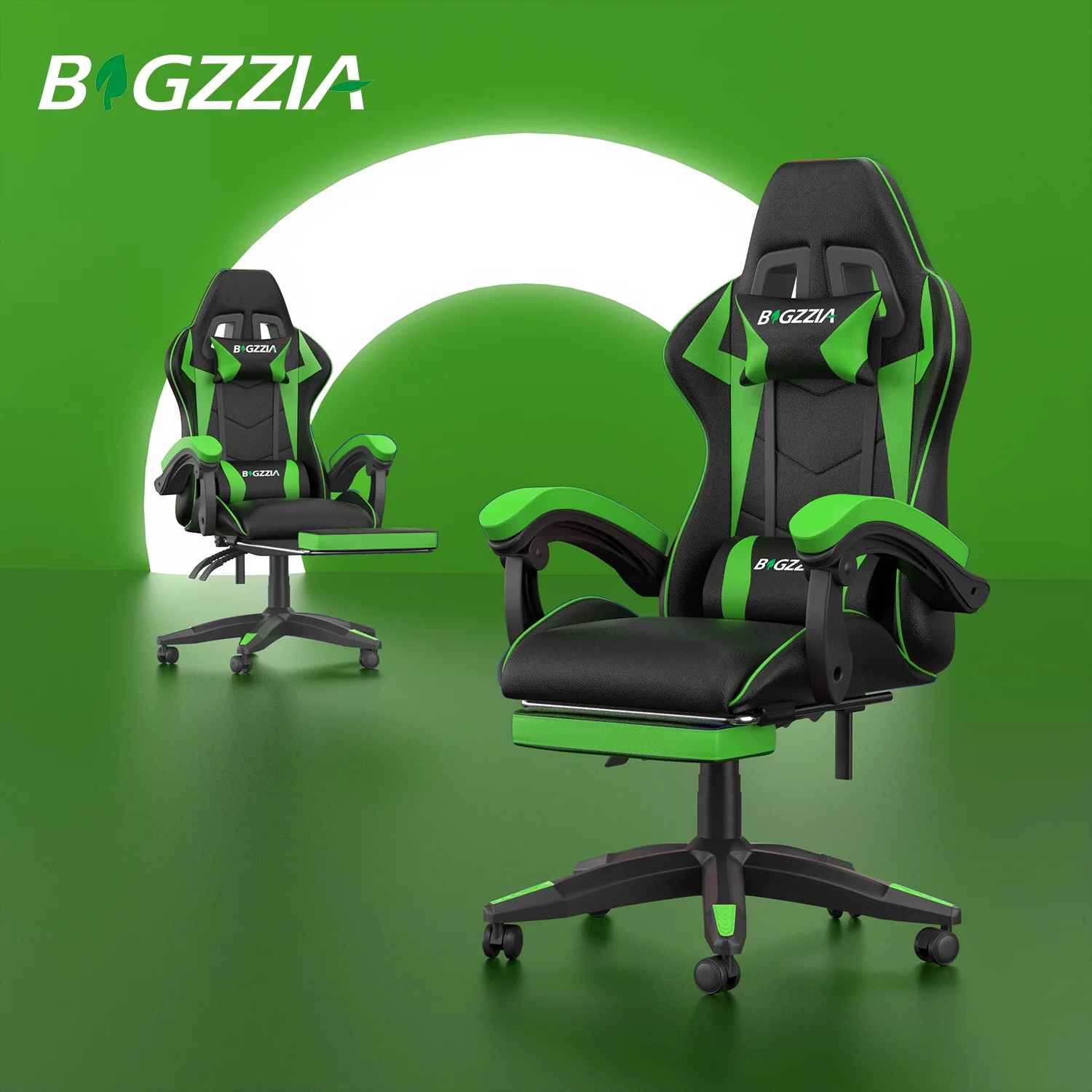 Bigzzia Gaming Chair Office Chair, Ergonomic Game Chair with Height Adjustable Headrest and Lumbar Support for Adults Teens, Black & White
