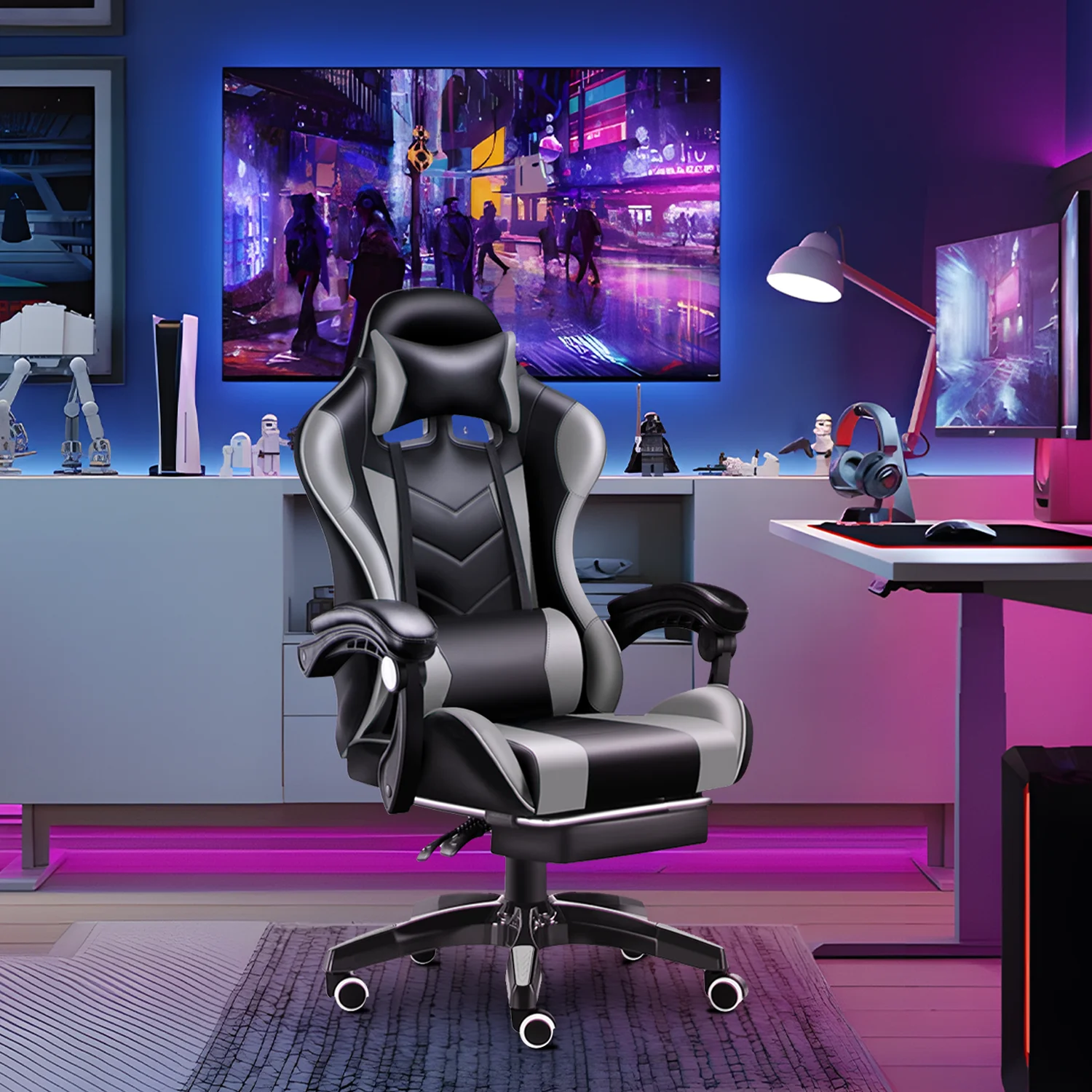 Gaming Chair with Adjustable Footrest,Eighteentek High Back Office Chair with Lumbar Support & Adjustable Headrest Video Game Chairs for Adults Black