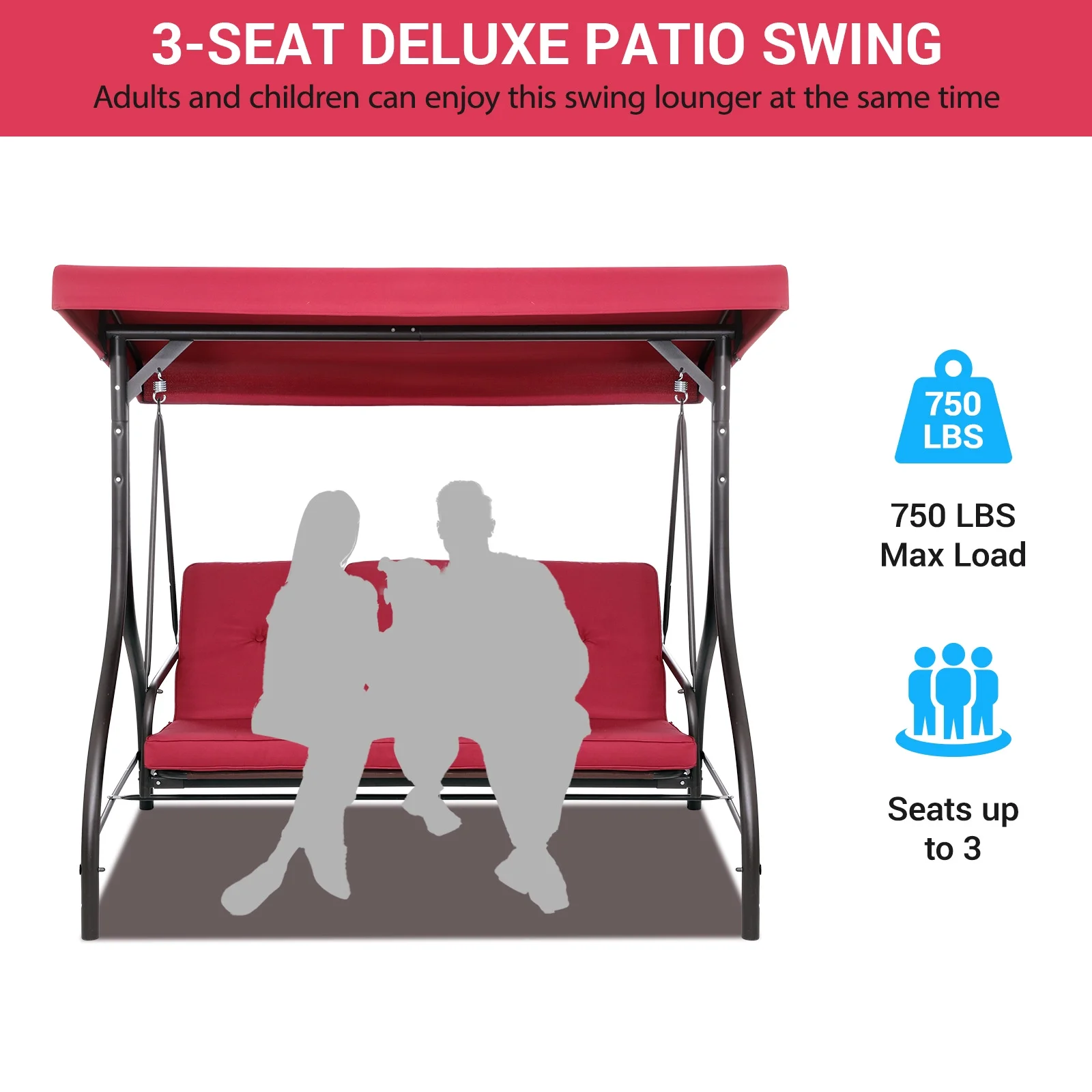 Pirecart 3 Person Patio Porch Swing Outdoor Converting Swing Glider Hammock with Adjustable Canopy, Cushions, Red