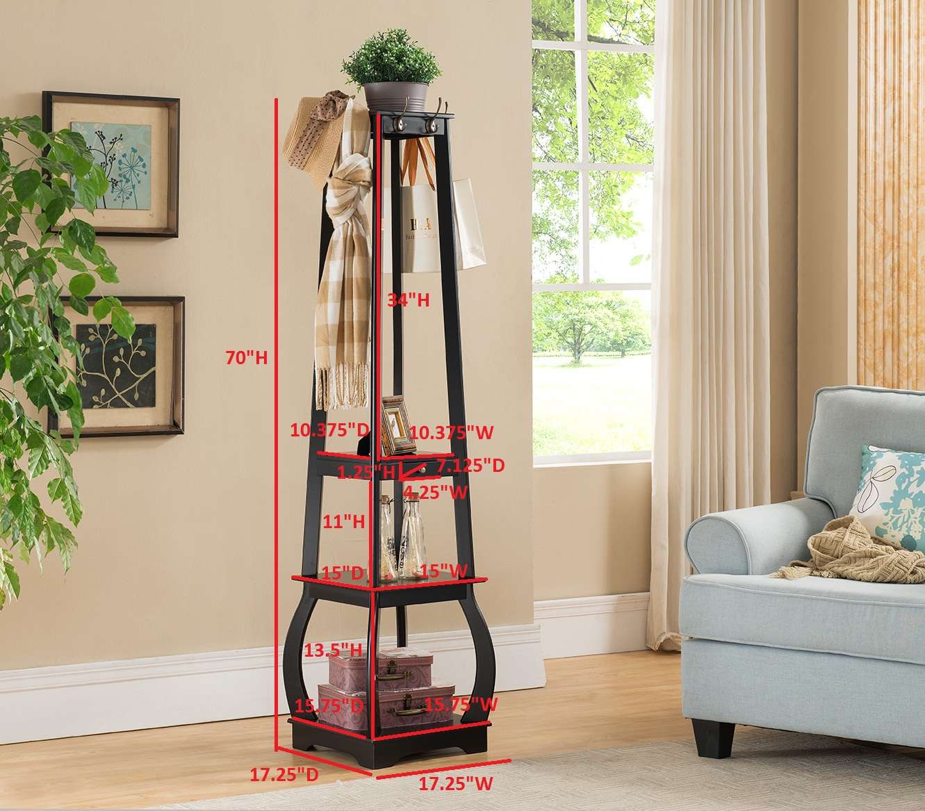 Kings Brand Furniture Entryway Coat Rack with 3 Shelves, 8 Hooks, & 1 Drawer, Black