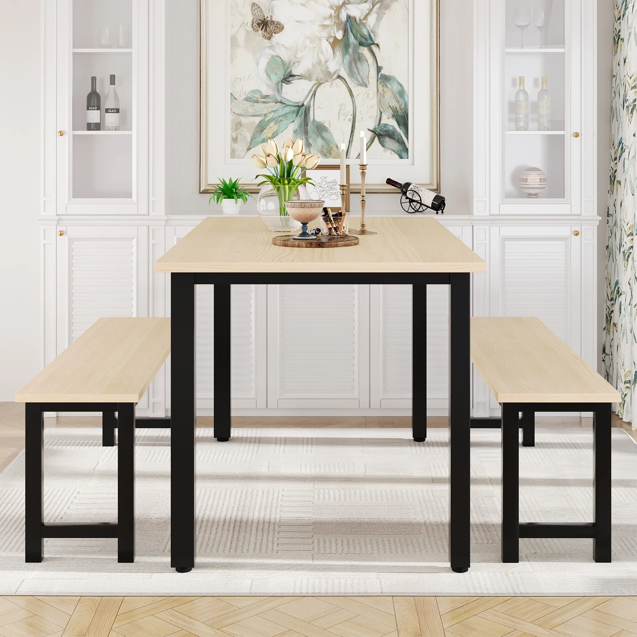 UHOMEPRO Dining Room Table Set, 3-Piece Dining Table Set with 2 Benches, Kitchen Table Set for 4 with Metal Frame, Modern Dining Room Set Furniture Set for Bar Dining Room Breakfast Nook, Black