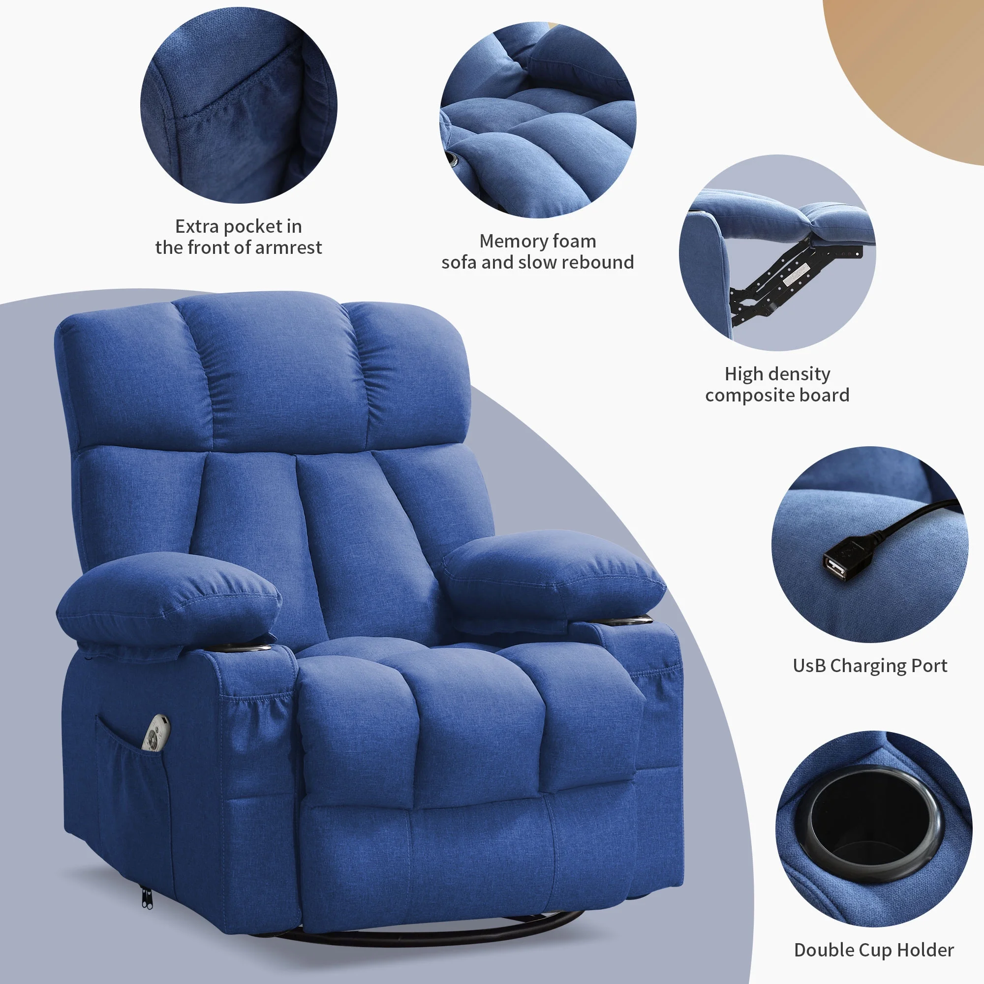 JONPONY Manual Recliner Chair with Heat Therapy and Massage Function, Heavy Duty Reclining Mechanism Massage Chair, Elderly Single Rocker Sofa with Cup Holders for Bedroom Home Theater,Grey