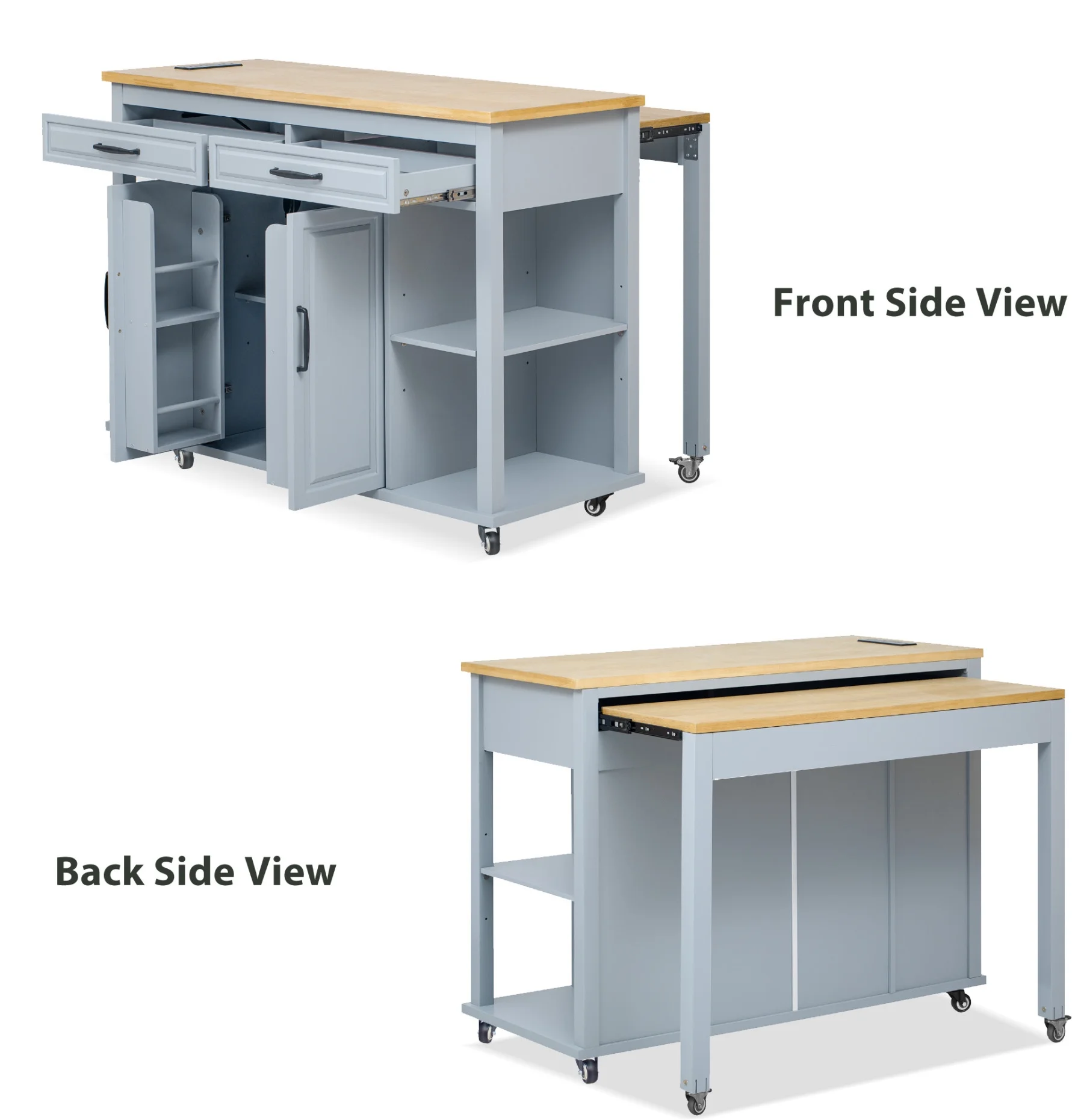 Kitchen Island with Extendable Table and Power Outlet, Wood Kitchen Rolling Cart with 2 Drawers & 2 Cabinets, Internal Storage Rack and Adjustable Shelf, Grey Blue