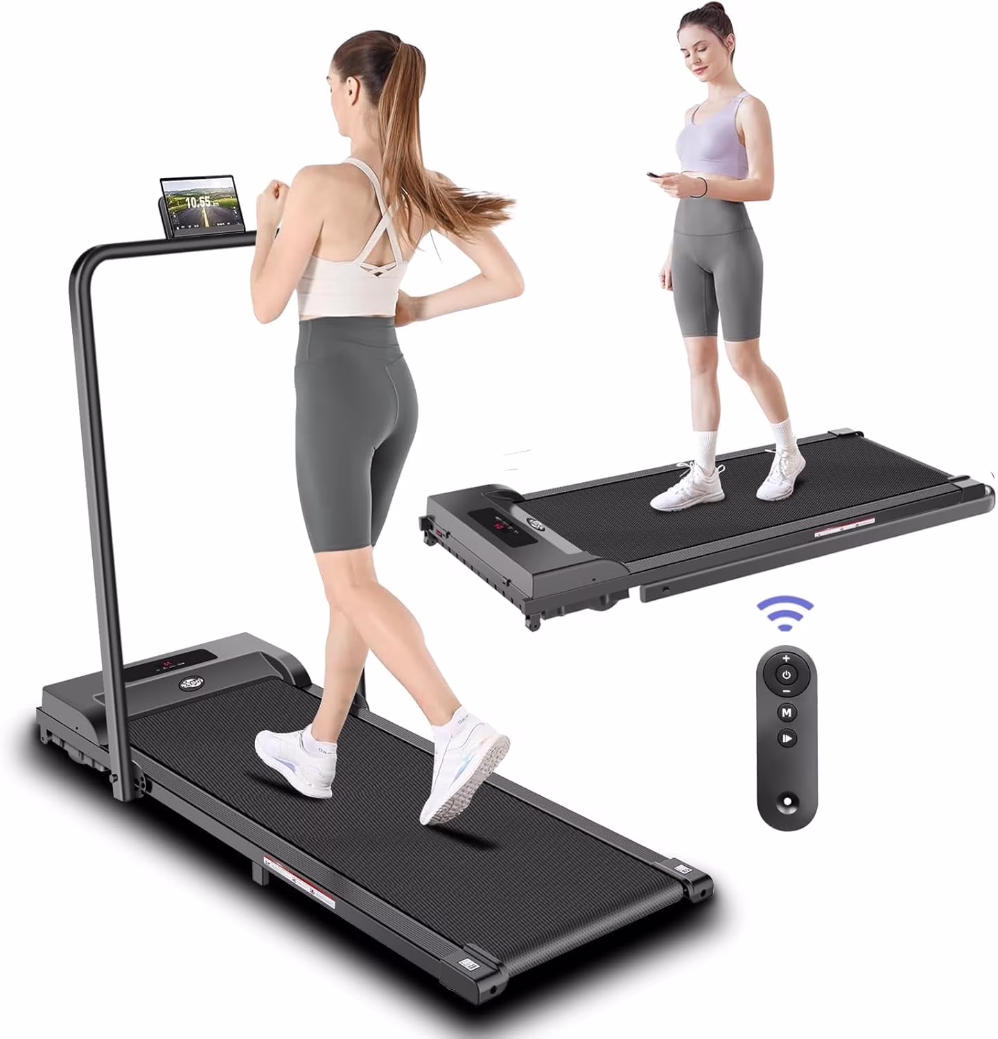 2 in 1 Walking Pad Treadmill, Foldable Treadmills with Handle Bar, 2.5HP Portable Folding Treadmill with Remote Control, Under Desk Treadmill for Home Office, 300lbs, Black