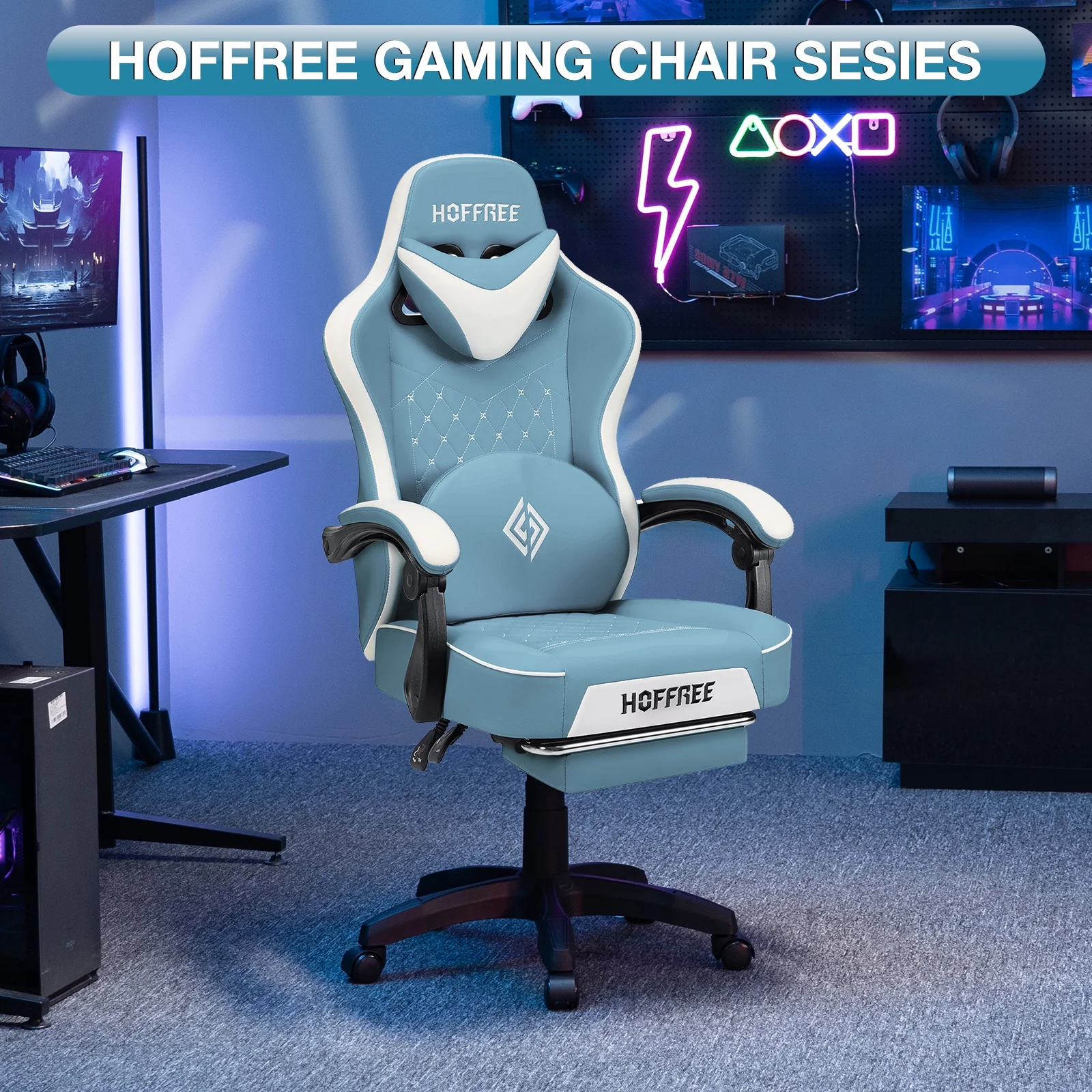 Hoffree Gaming Chair with Speakers PU Gamer Chair with footrest and massage Egonomic Computer Game Chair with Headrest and Lumbar Support for Adults and Office Gaming, 440 LBS