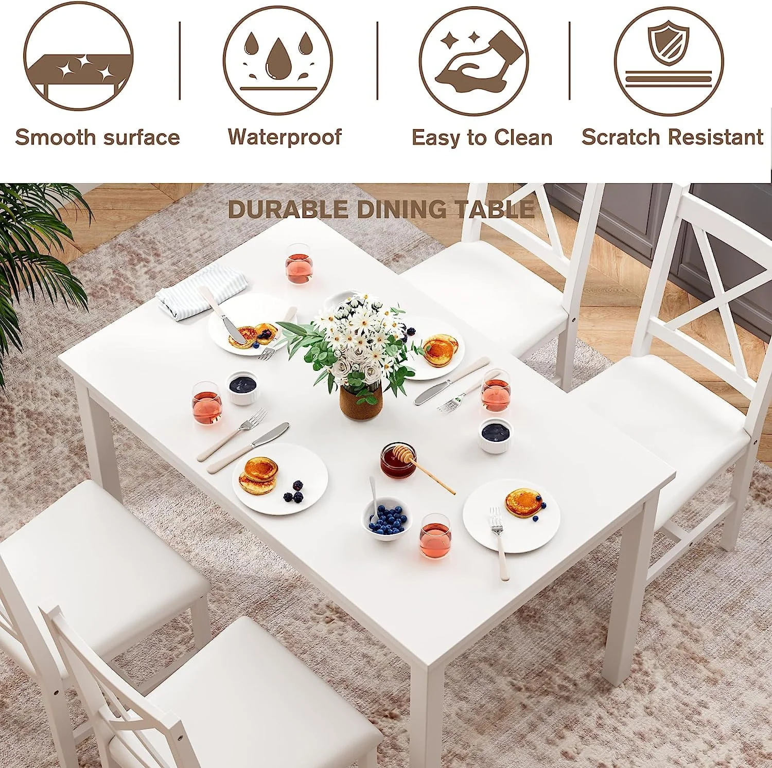 Alohappy Dining Room Table Set for 4, 5 Piece Kitchen Table Set, Morden Wood Rectangle Breakfast Table and Chairs for Small Space, Easy Assembly (White)