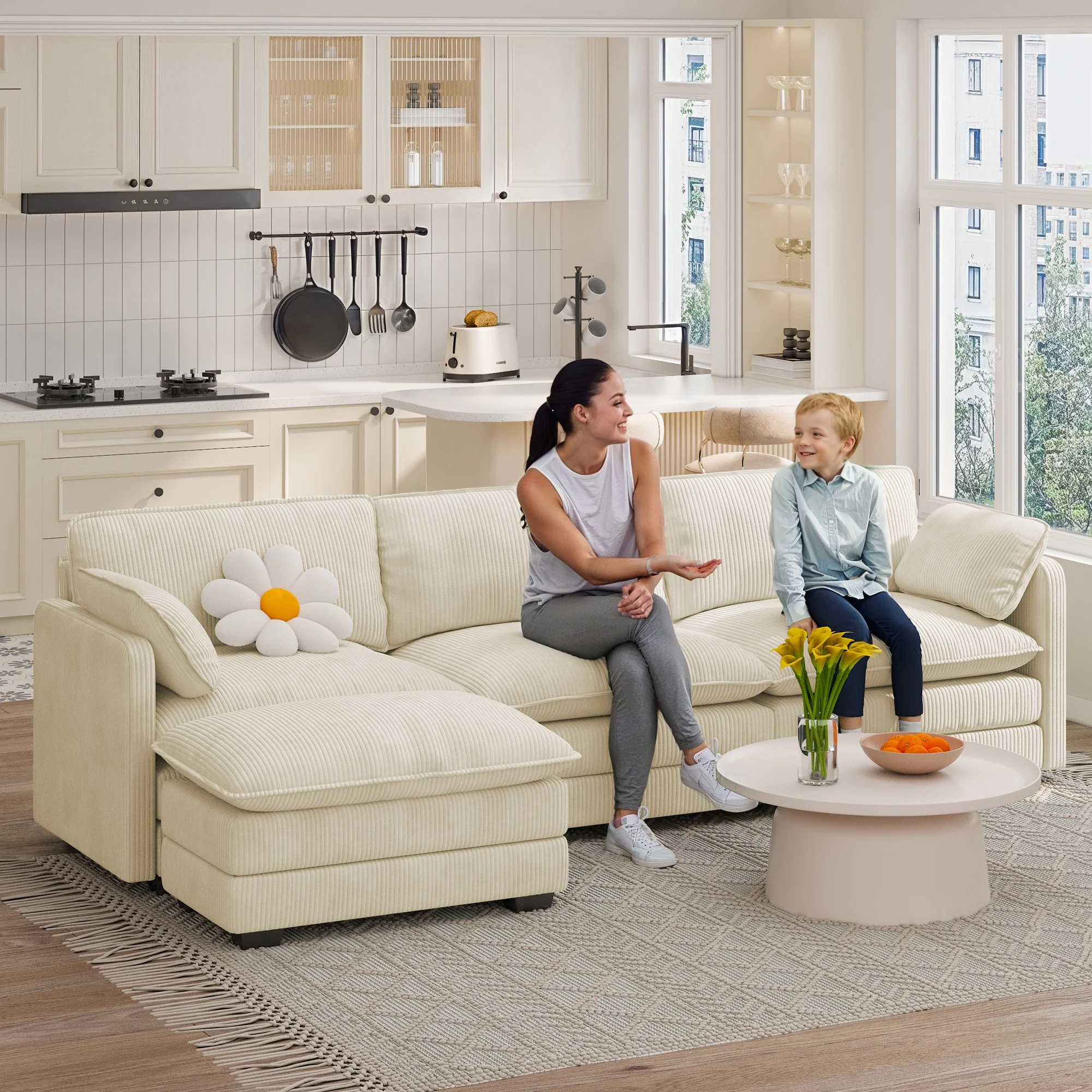 Lofka 110�� Modular Sectional Sofa Bed with Double Layer Cushions and Movable Ottoman, Modern Comfy Cloud Couch for Living Room, DIY Combination, Green