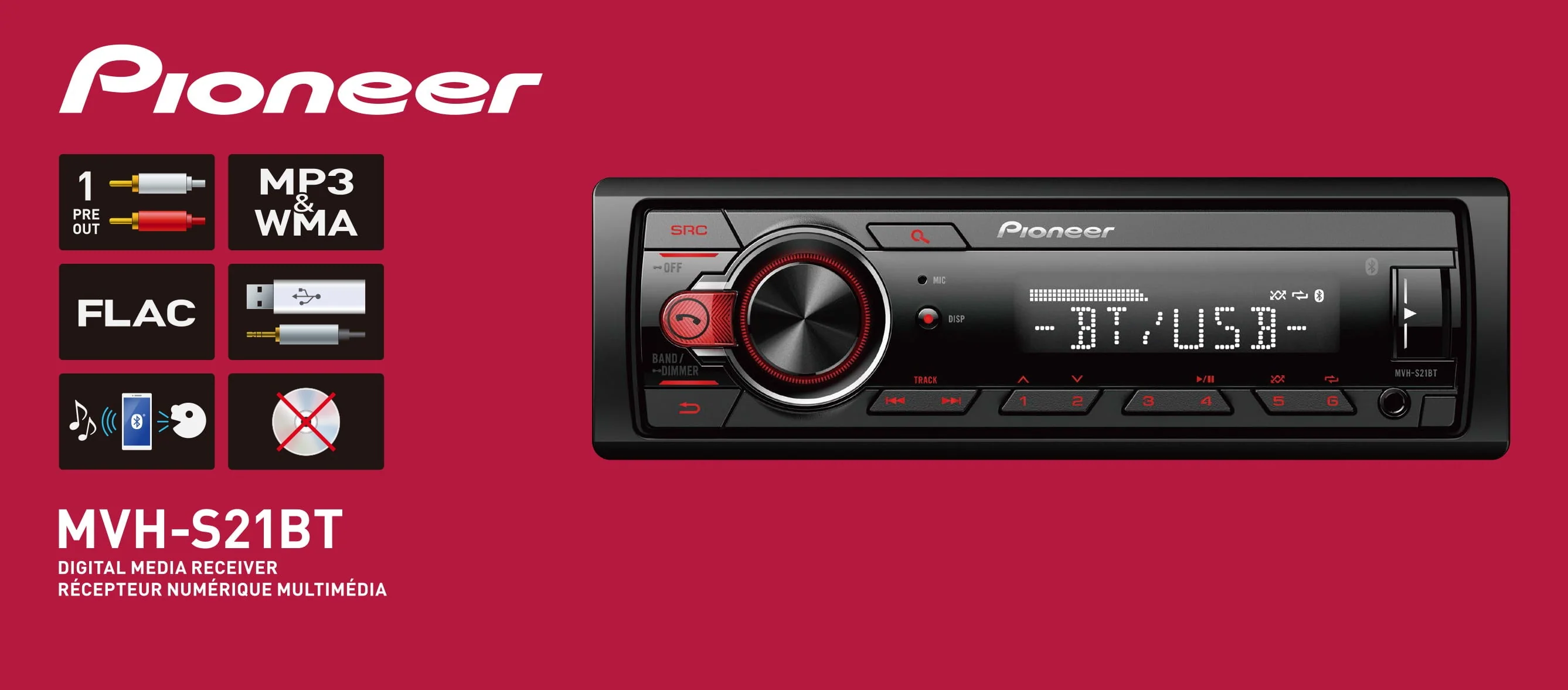 Pioneer MVH-S21BT Digital Media Receiver, Single DIN, In-Dash