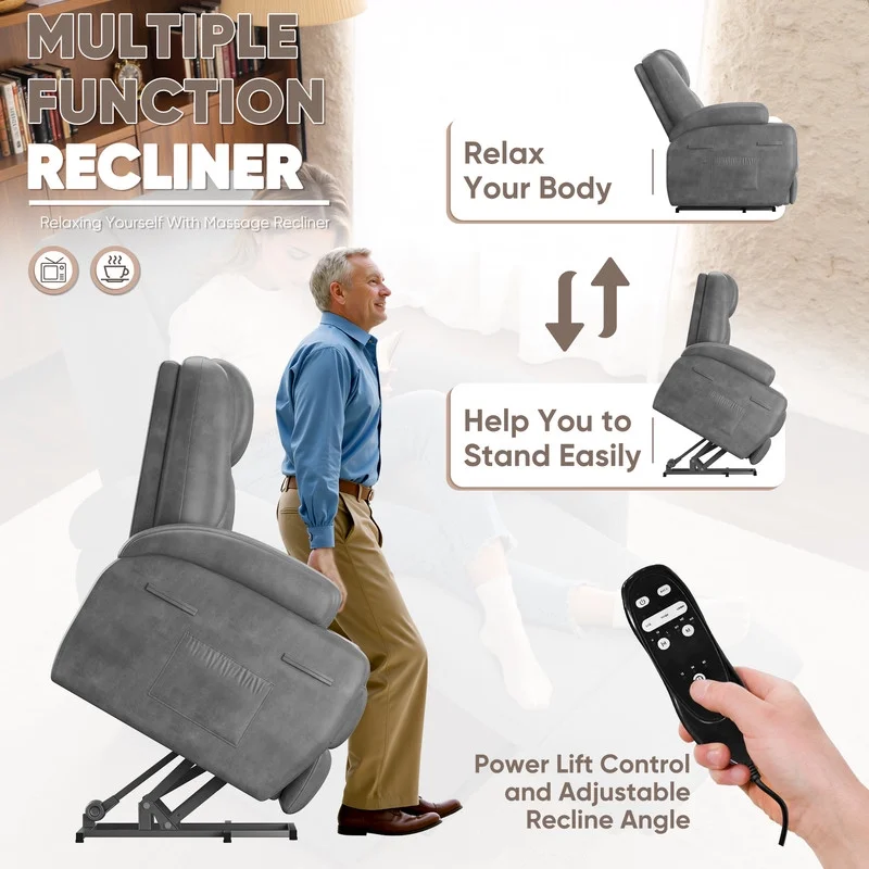 Lacoo power lift electric Massage recliner chair Oversized Single Sofa with Cup Holder for elderly,Black