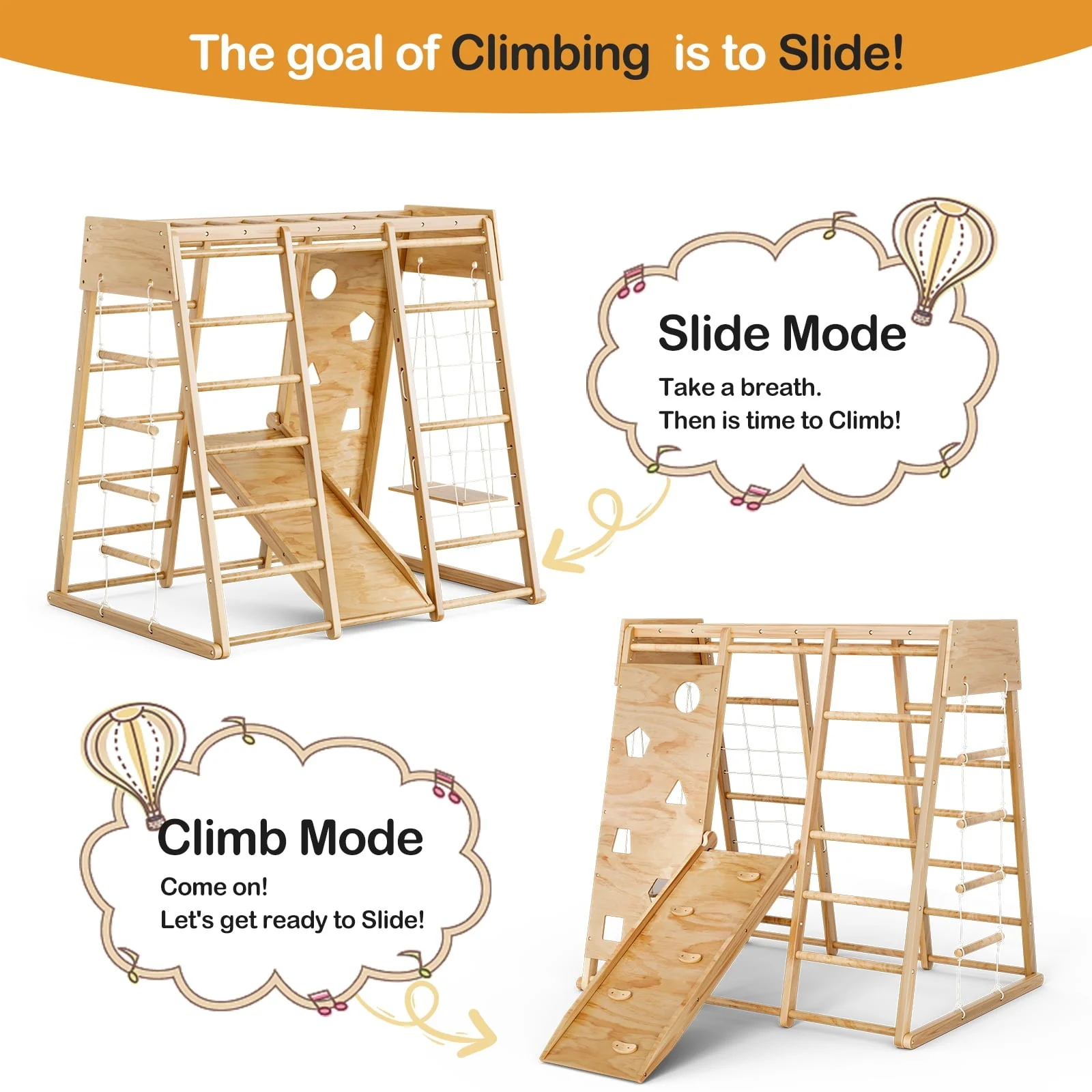 GIKPAL 8-in-1  Wooden Indoor Kids Playground Jungle Gym with Slide, Toddlers Wooden Climber with Slide Playset, Wooden Rock Climbing Wall with Rope Wall Climb, Monkey Bars, and Swing for Kids