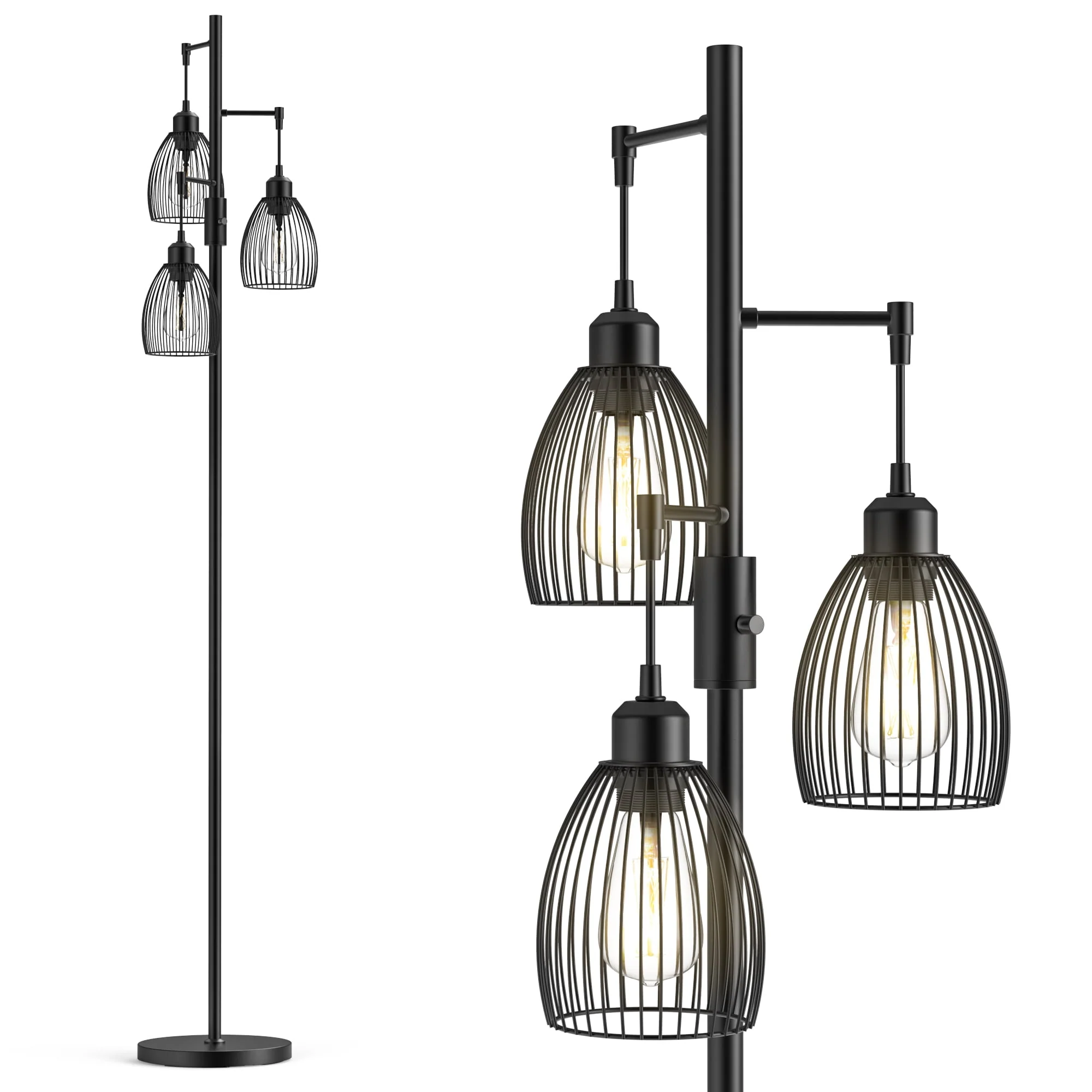 PAZZO 69 inch Three Head LED Metal Industrial Floor Lamp, Bright & Durable, with 3 Stepless Dimmable Bulb Included, Black