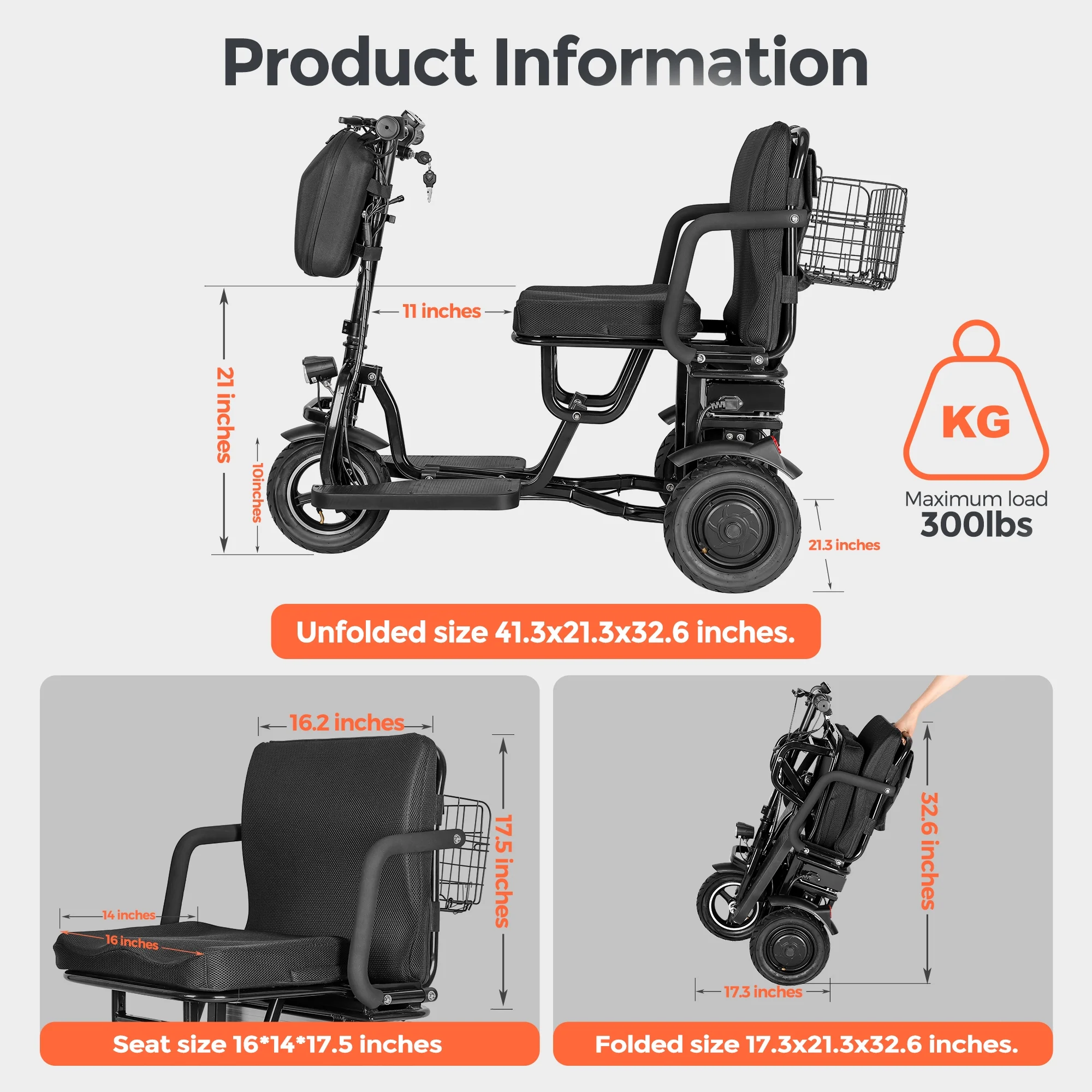BAMACAR 3-Wheel Folding Mobility Scooter Lightweight for Seniors & Adults 300 lbs, Portable Powered Handicap All Terrain Travel Scooter, Mobility Scooters Foldable Collapsible Electric Scooters Black