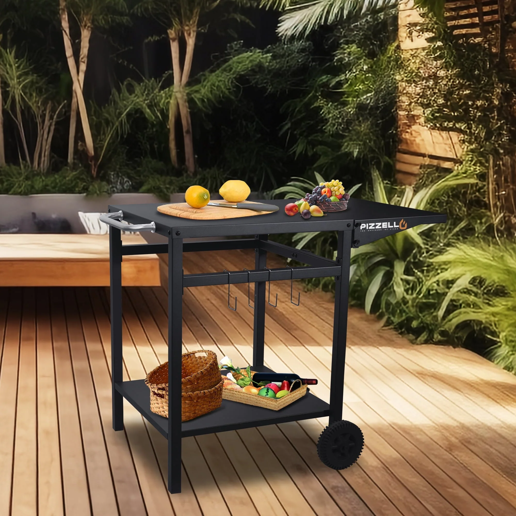 Pizzello Outdoor Grill Pizza Oven Food Prep Bbq Cart Stand Table with Storage Wheels Expandable Countertop, Black