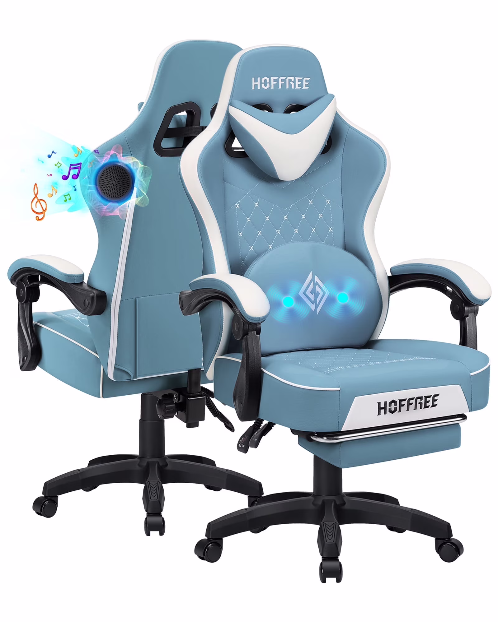 Hoffree Gaming Chair with Speakers PU Gamer Chair with footrest and massage Egonomic Computer Game Chair with Headrest and Lumbar Support for Adults and Office Gaming, 440 LBS