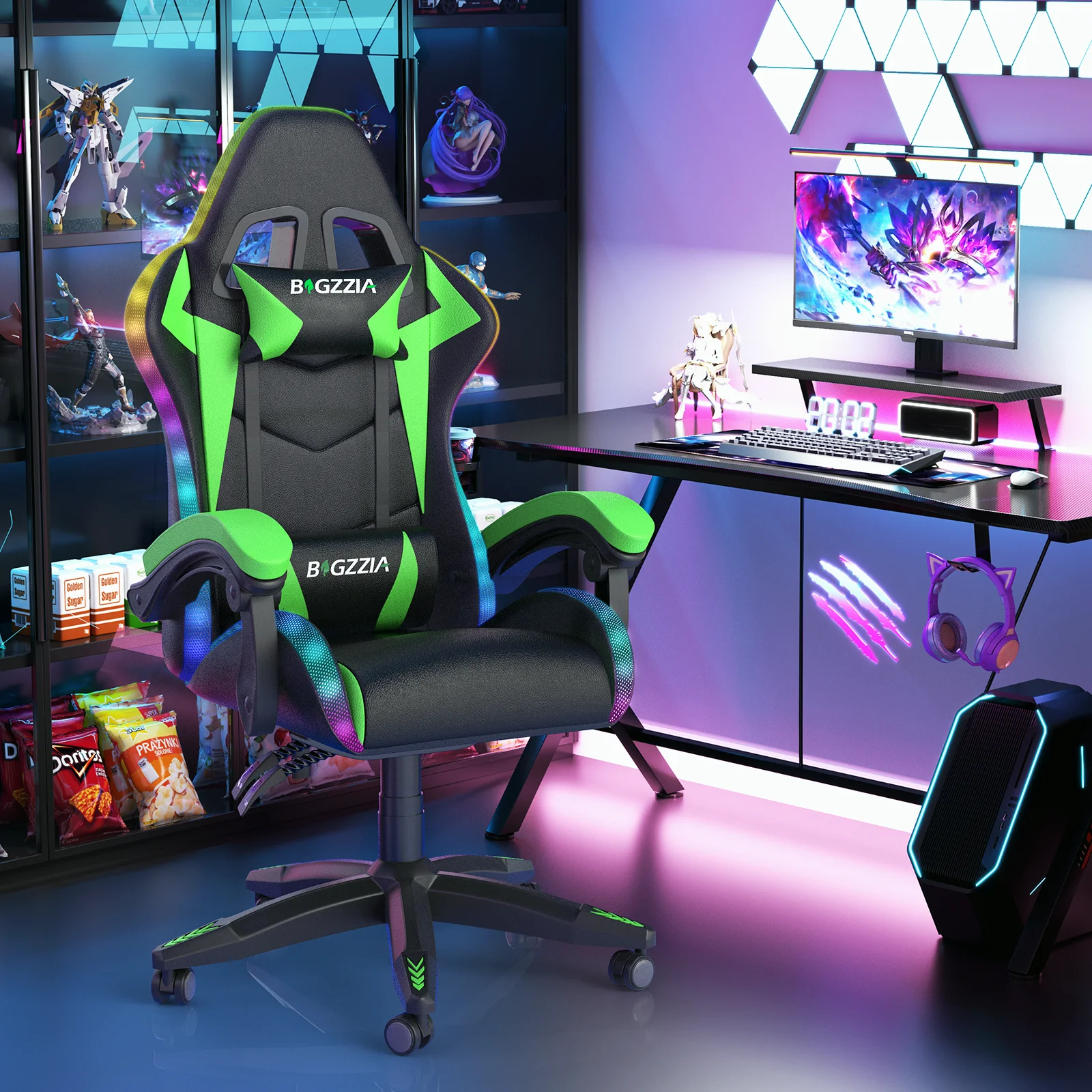 Bigzzia Gaming Chair with LED Lights Ergonomic Office Chair for Adults and Kids - Adjustable Height, 360�� Swivel, Headrest Support, Mesh PU Leather, Black & Green