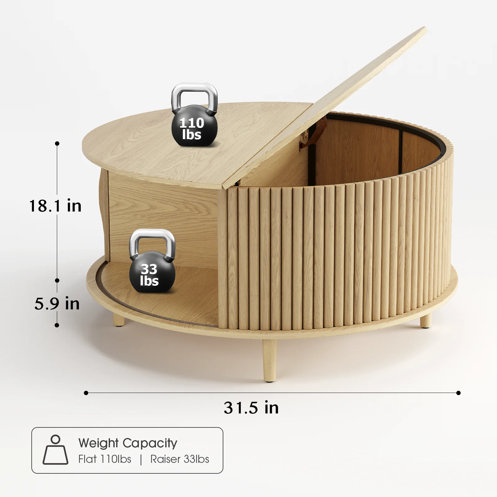 JOINICE Round Coffee Table with Storage and Sliding Door,Mid Century Modern Wooden Center Table,for Living Room,Walnut